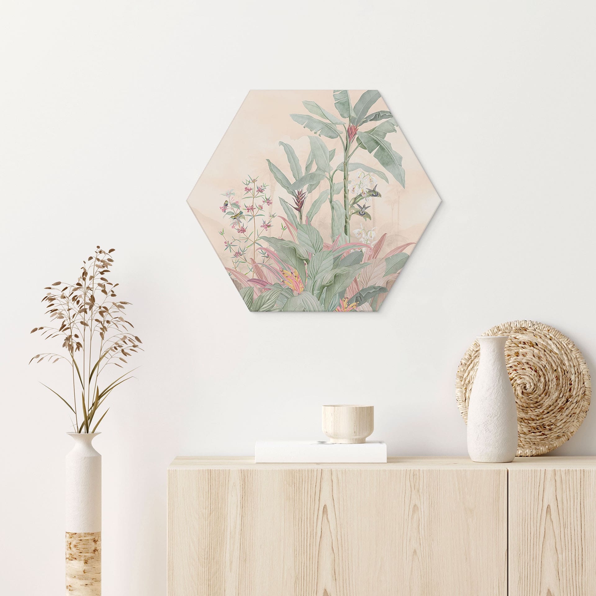 Sekskantet billede Tropisk idyl med kolibri abrikos - Bloomery Decor - aluminium dibond