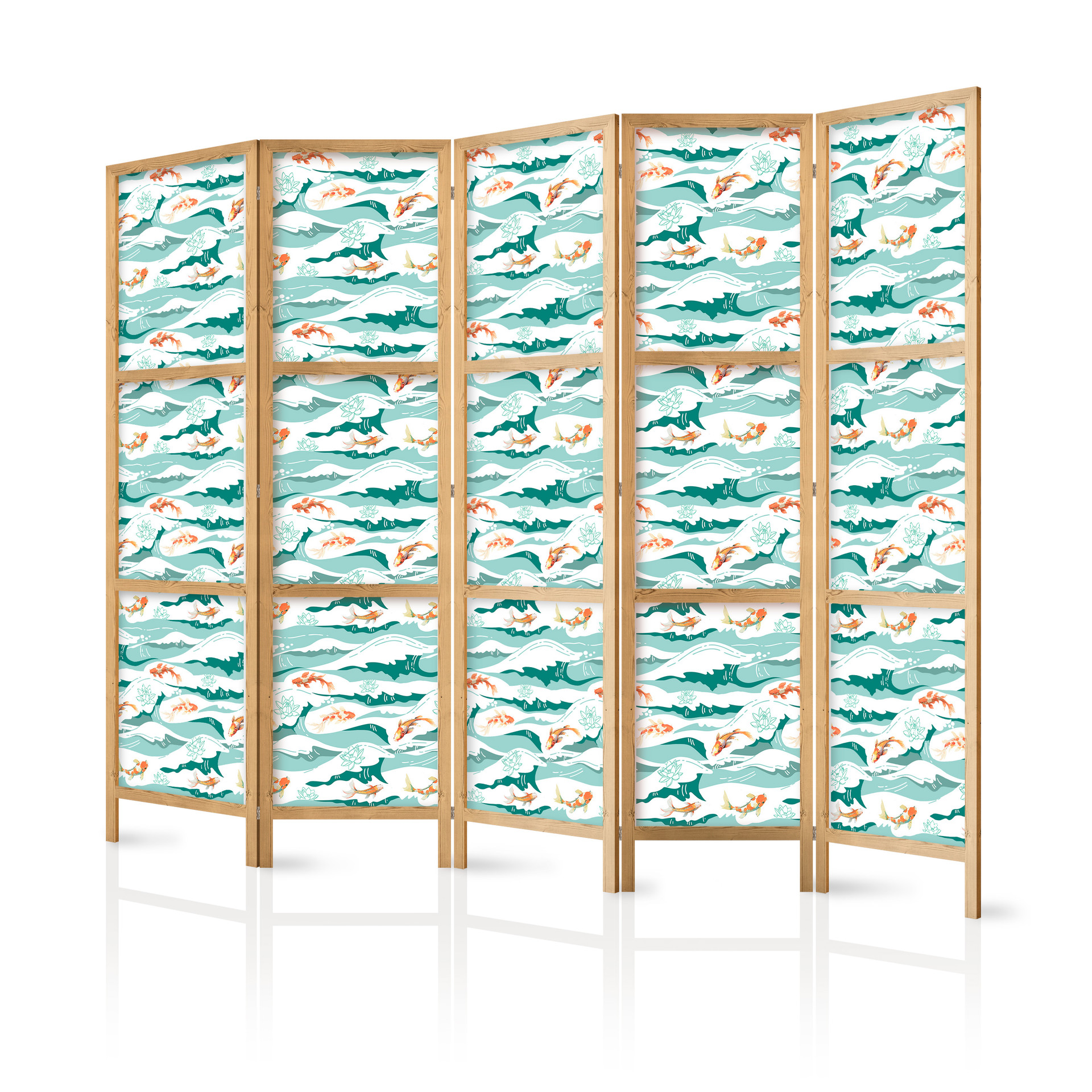Japanischer Paravent, Raumteiler freistehend, Trennwand - Fish Jumping Over Waves