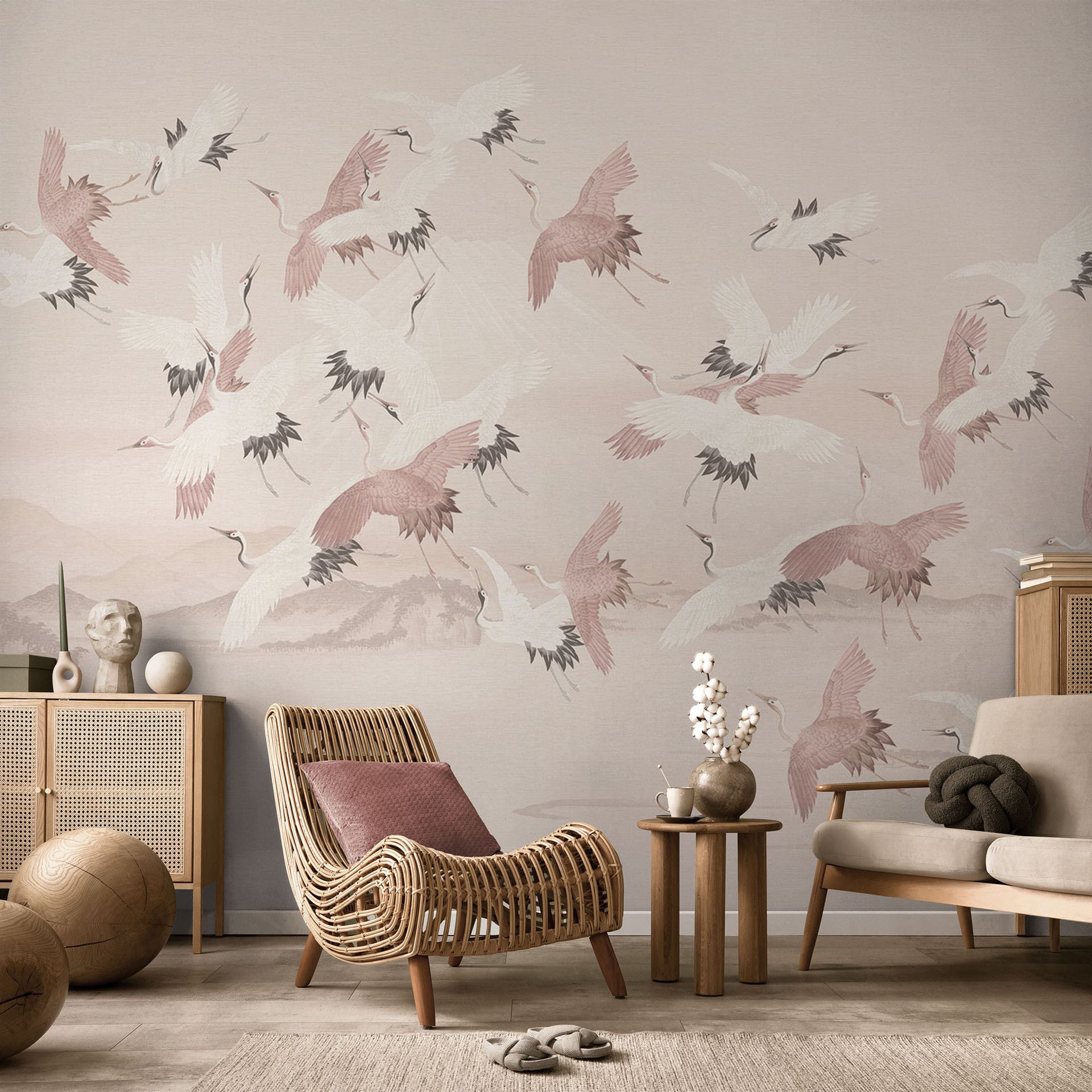 Vogel Fotobehang Kraanvogels boven het meer - Bloomery Decor