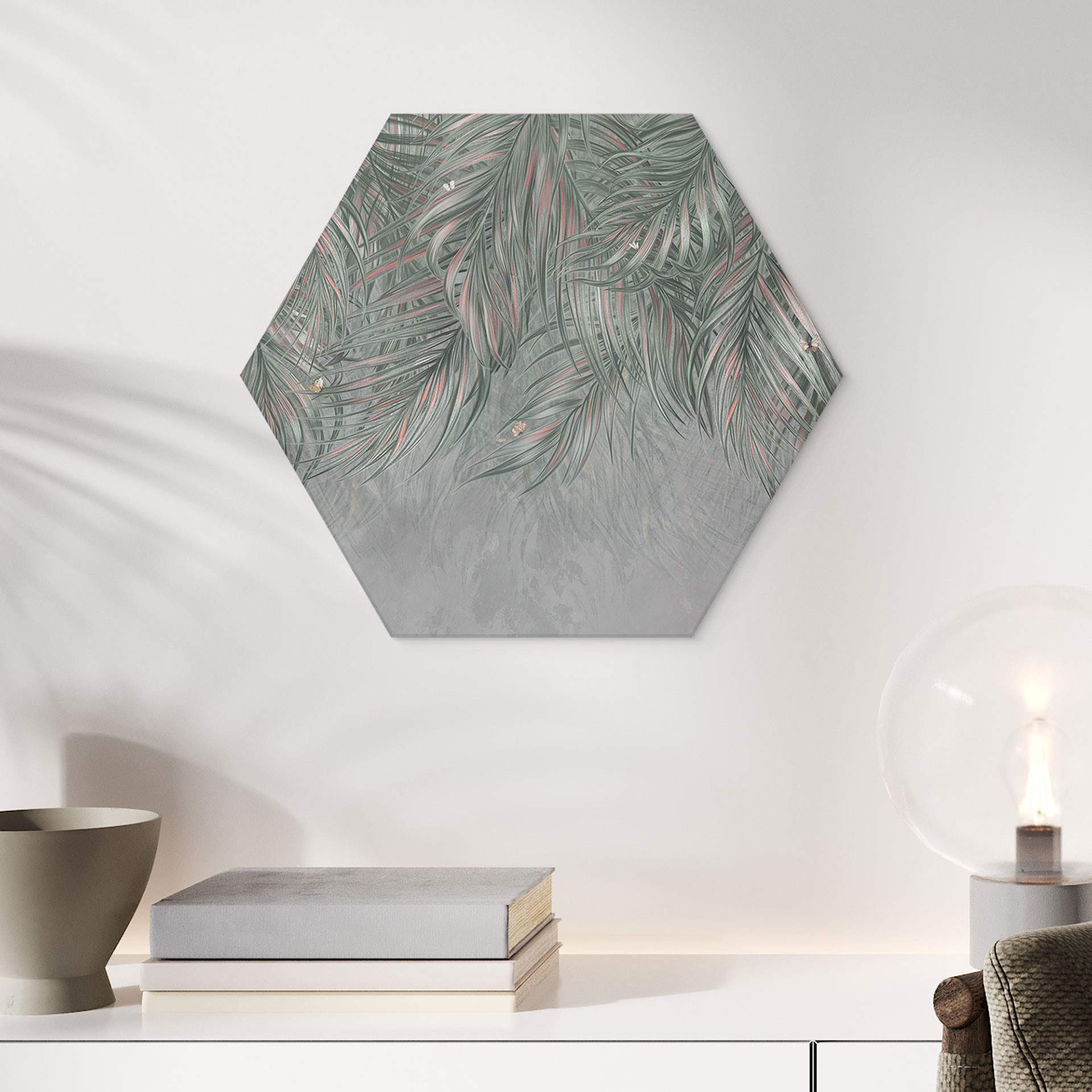 Wanddecoratie exotische palmbladeren roze-groen - Ms Tiff - Alu-Dibond