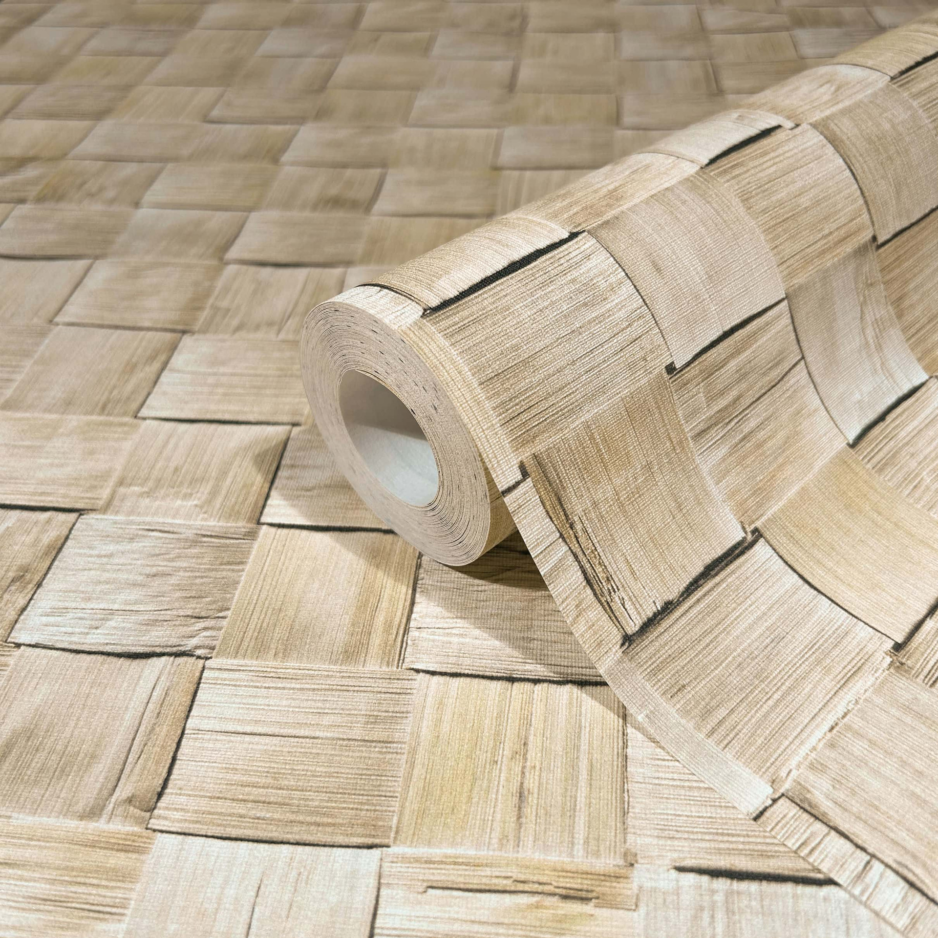 vliesbehang in 3D geweven houtlook beige 3D look