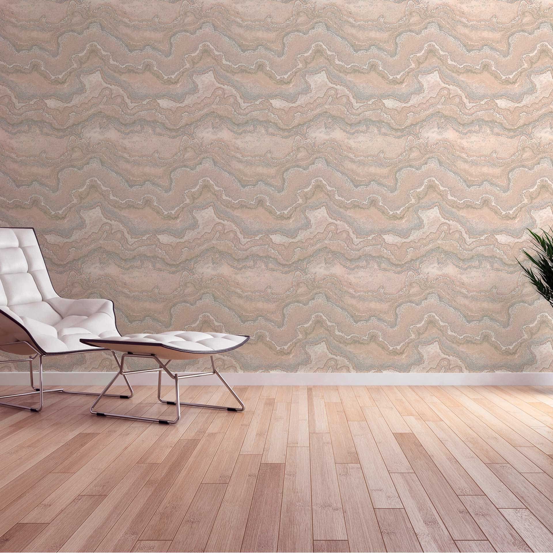 Gemarmerd vliesbehang in beige-grijs - Steen-malachietlook behang goud