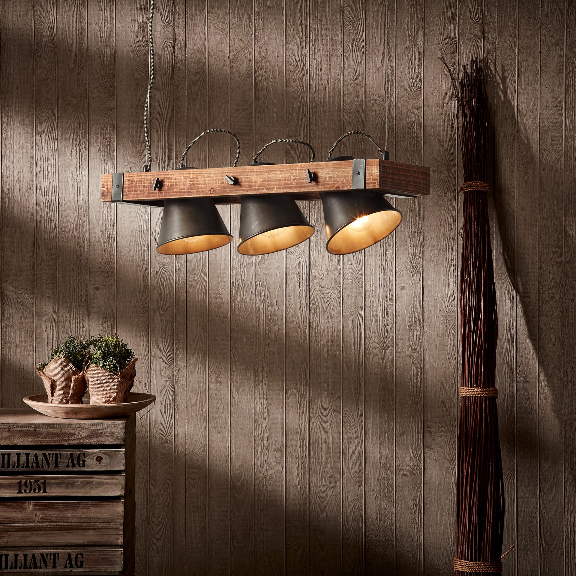 Pendelleuchte Maria, braun, 115 x 70 cm, Holz Pendellampe, dimmbar