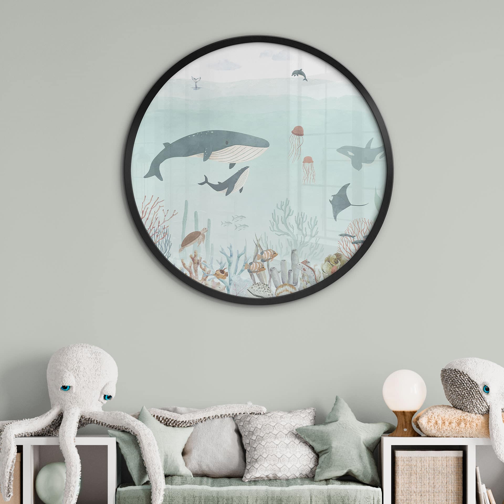 Poster pour enfants - Aventure sous-marine avec animaux marins - Bleu - Oliver Robins - Rond
