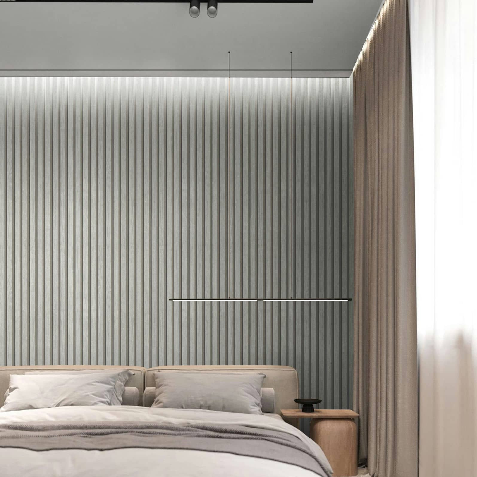 Vliesbehang in glanzende streepoptiek als akoestische panelen zilvermetallic look