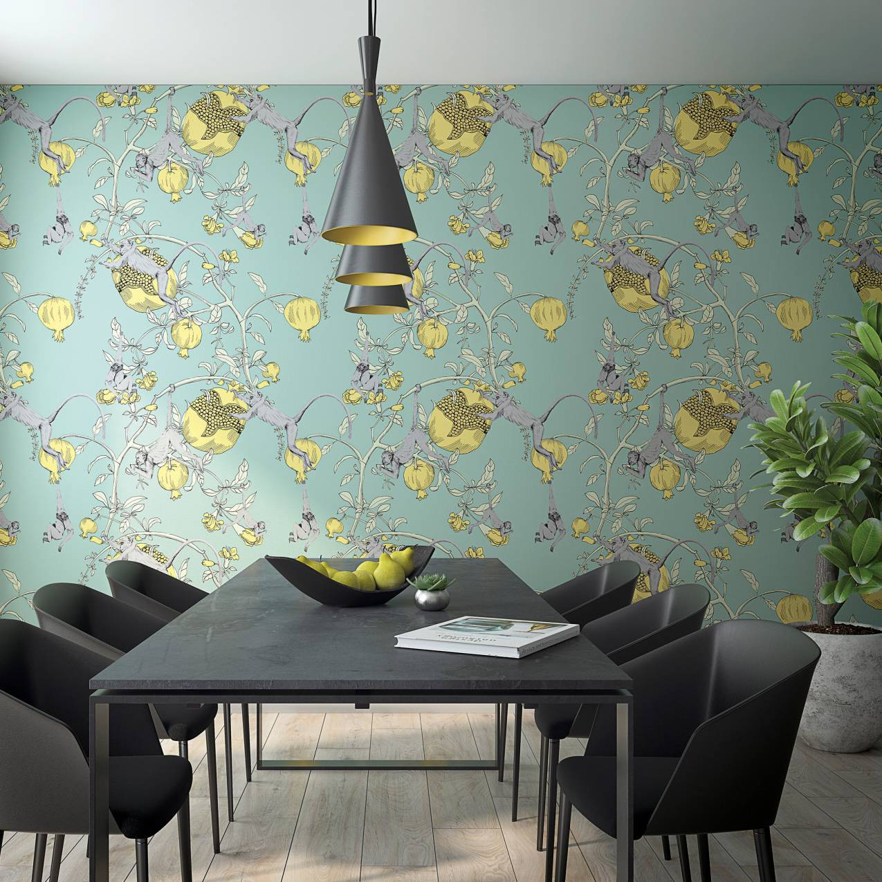 Fotobehang met apen en planten, gele illustratie 3.40 x 1.06 m