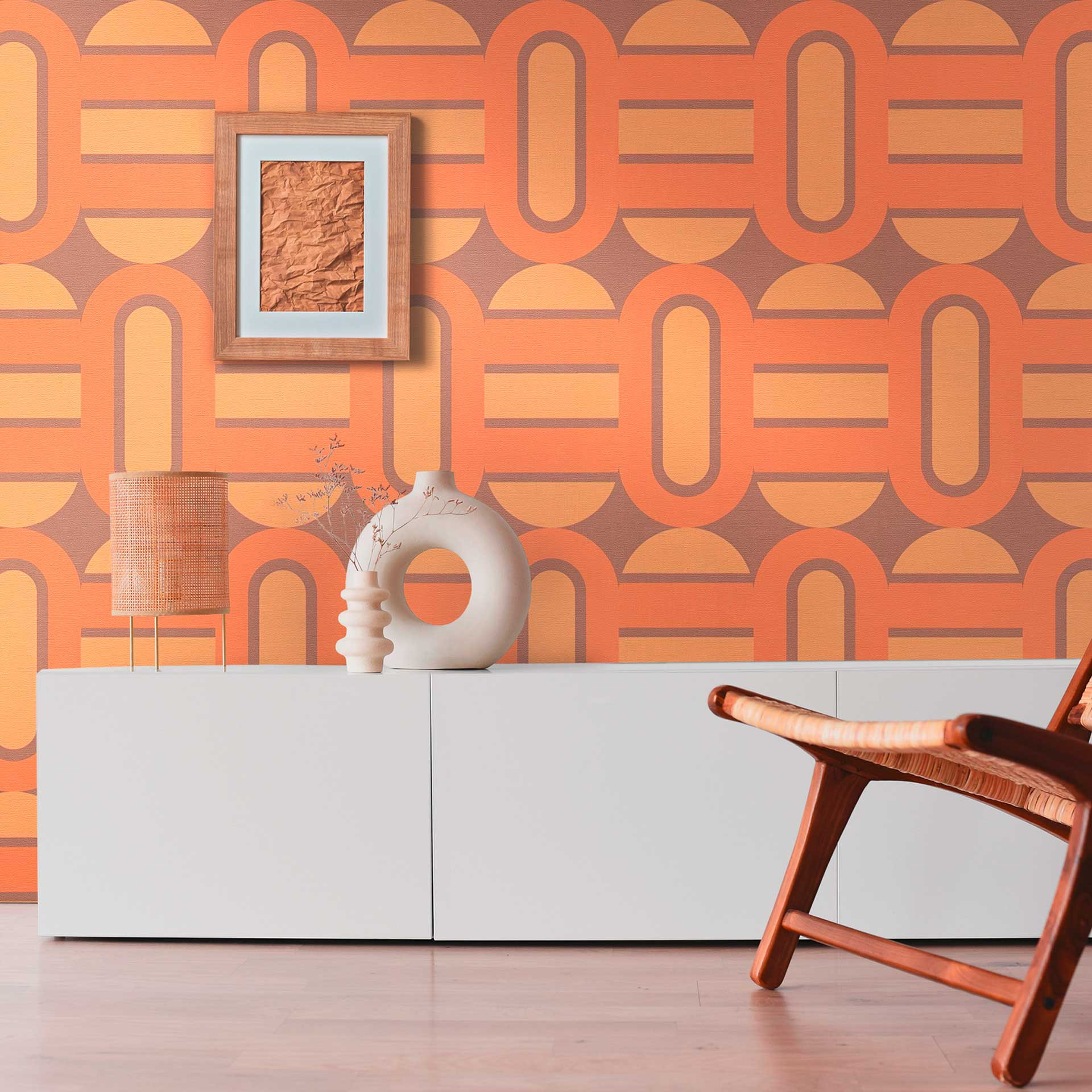 Vintage grafisch behang bruin geel - Vliesbehang in retro-look - structuurbehang - peel & stick