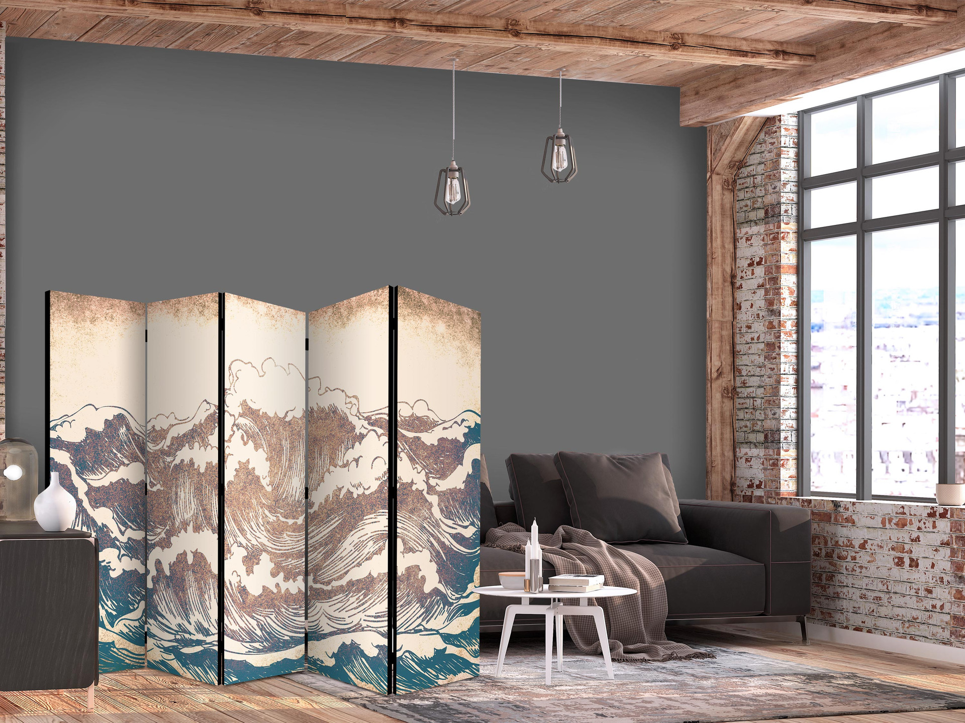Paravent, Raumteiler freistehend, Trennwand - Turbulent Ocean , 5-teilig - 225x172 cm