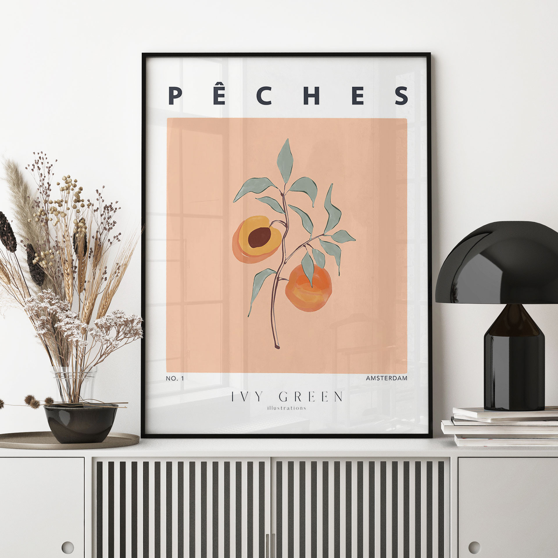 Plakat Soczyste Brzoskwinie - Ilustracja w kolorze zielonego bluszczu