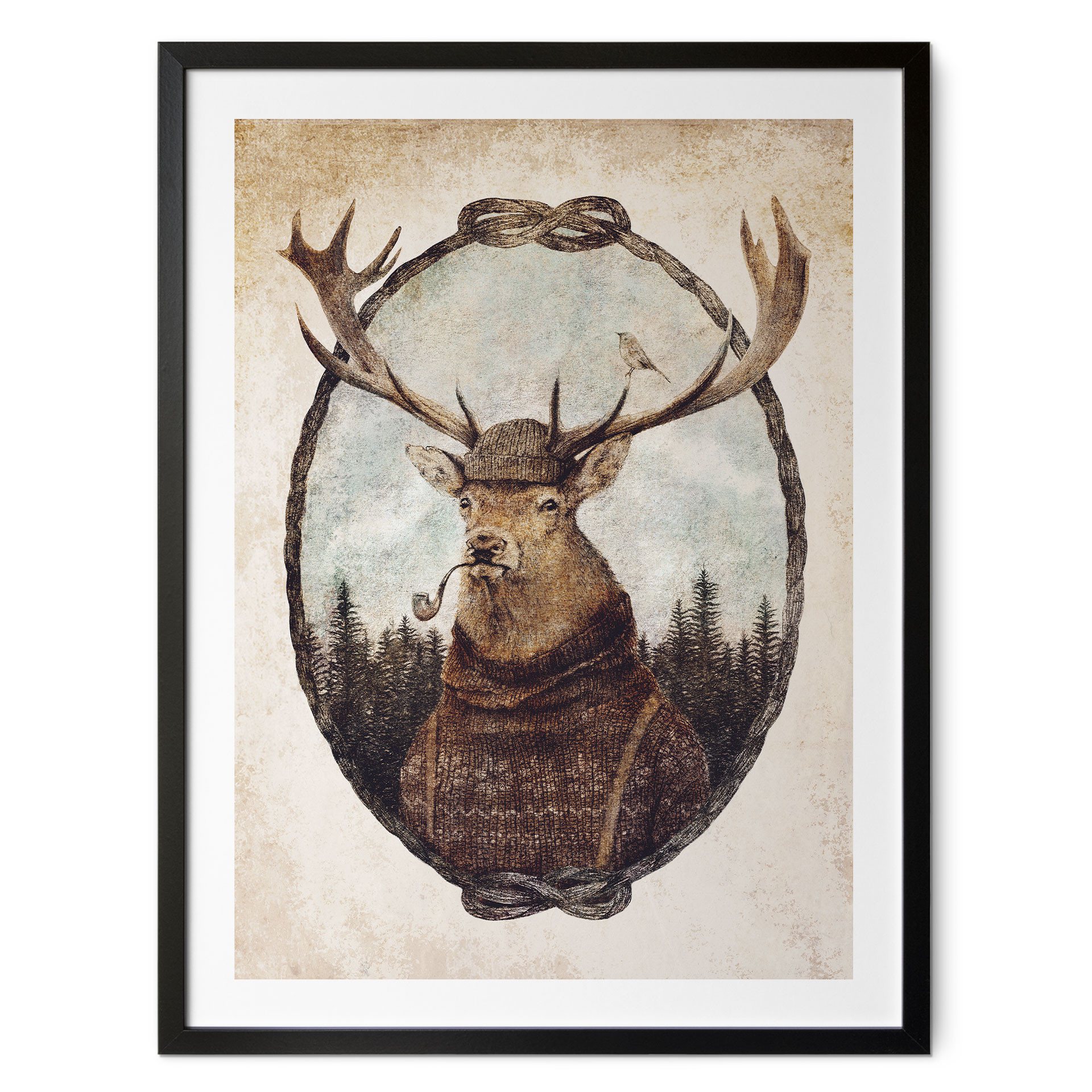 Plakat vintage jeleń z fajką | portret zwierzęcia do salonu - Koubou