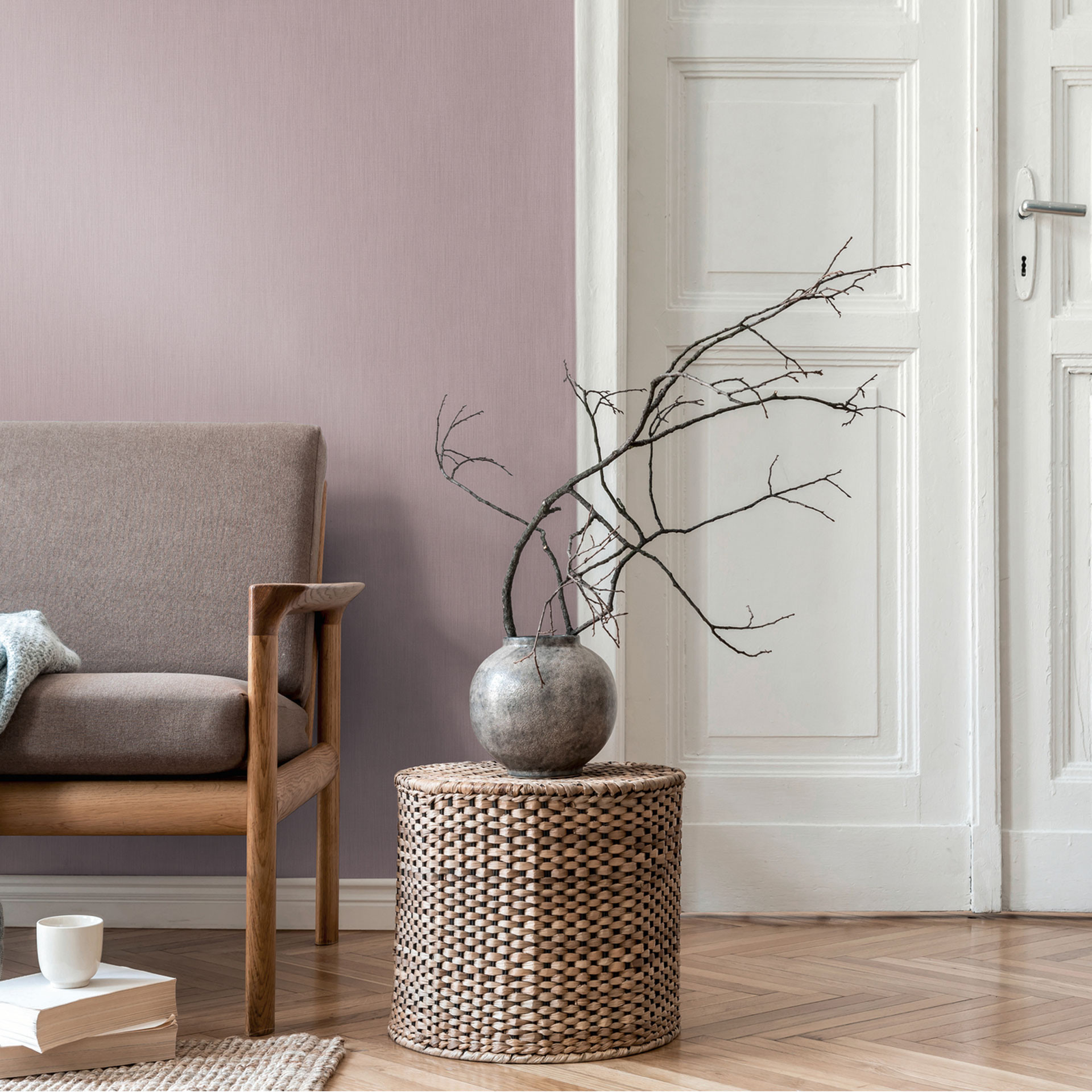 Linnen structuurbehang lila roze - Vliesbehang mat geweven discreet