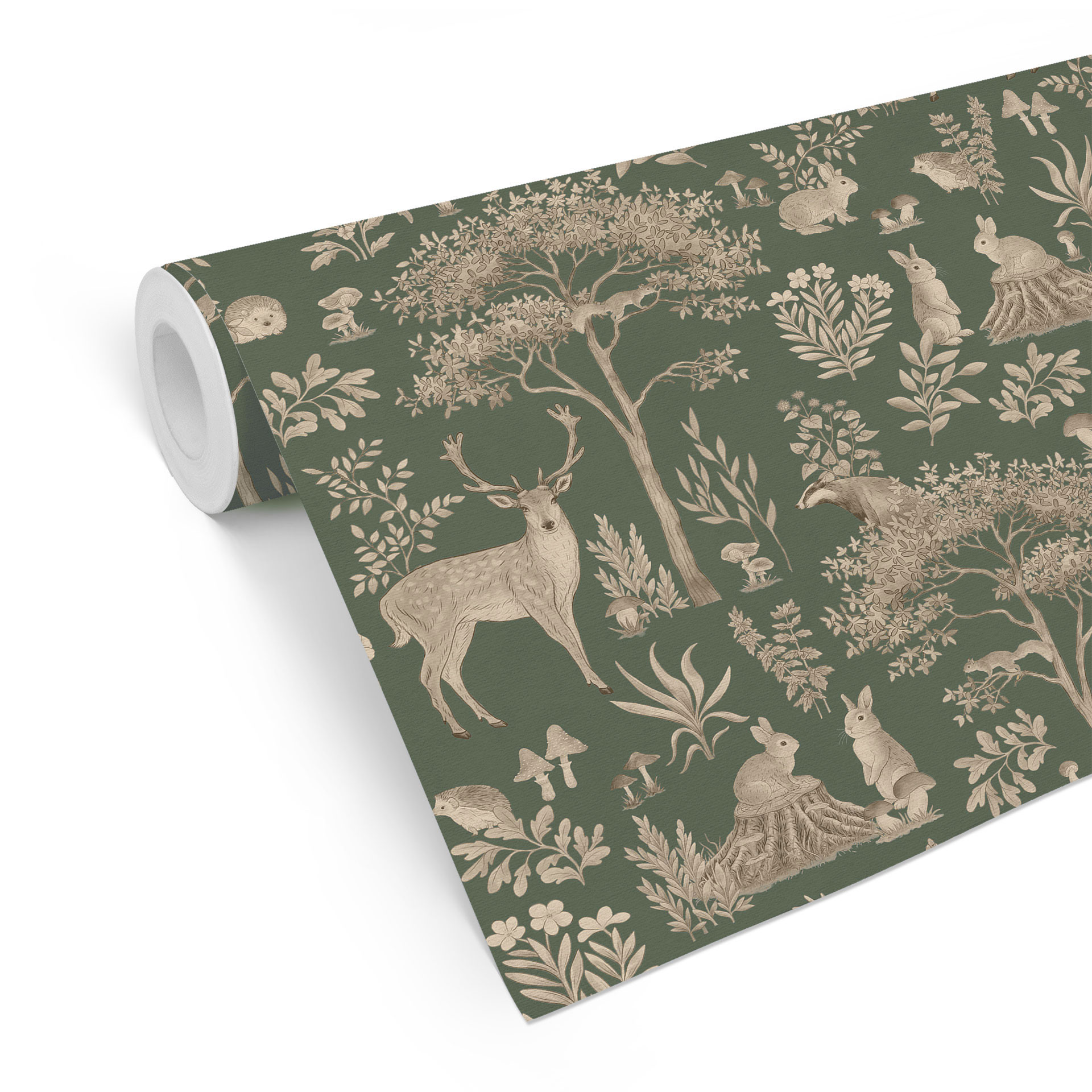 Patroonbehang betoverend bos met dieren - vintage groen - Kikki Belle