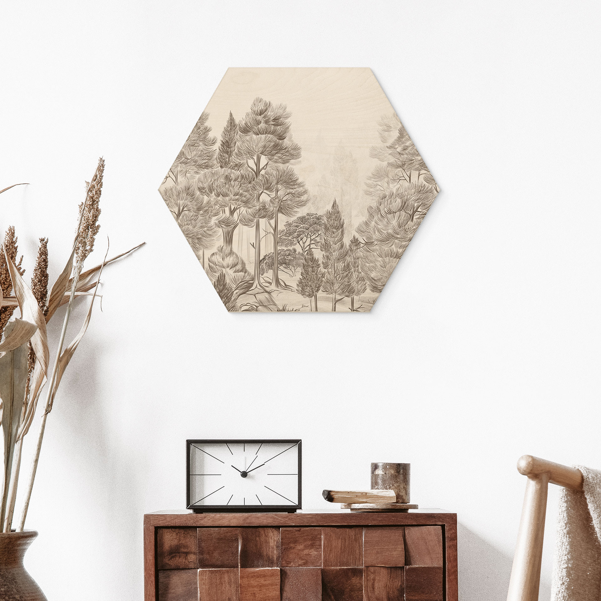 Houten Wanddecoratie zeshoek met boslandschap in beige - Ms Tiff