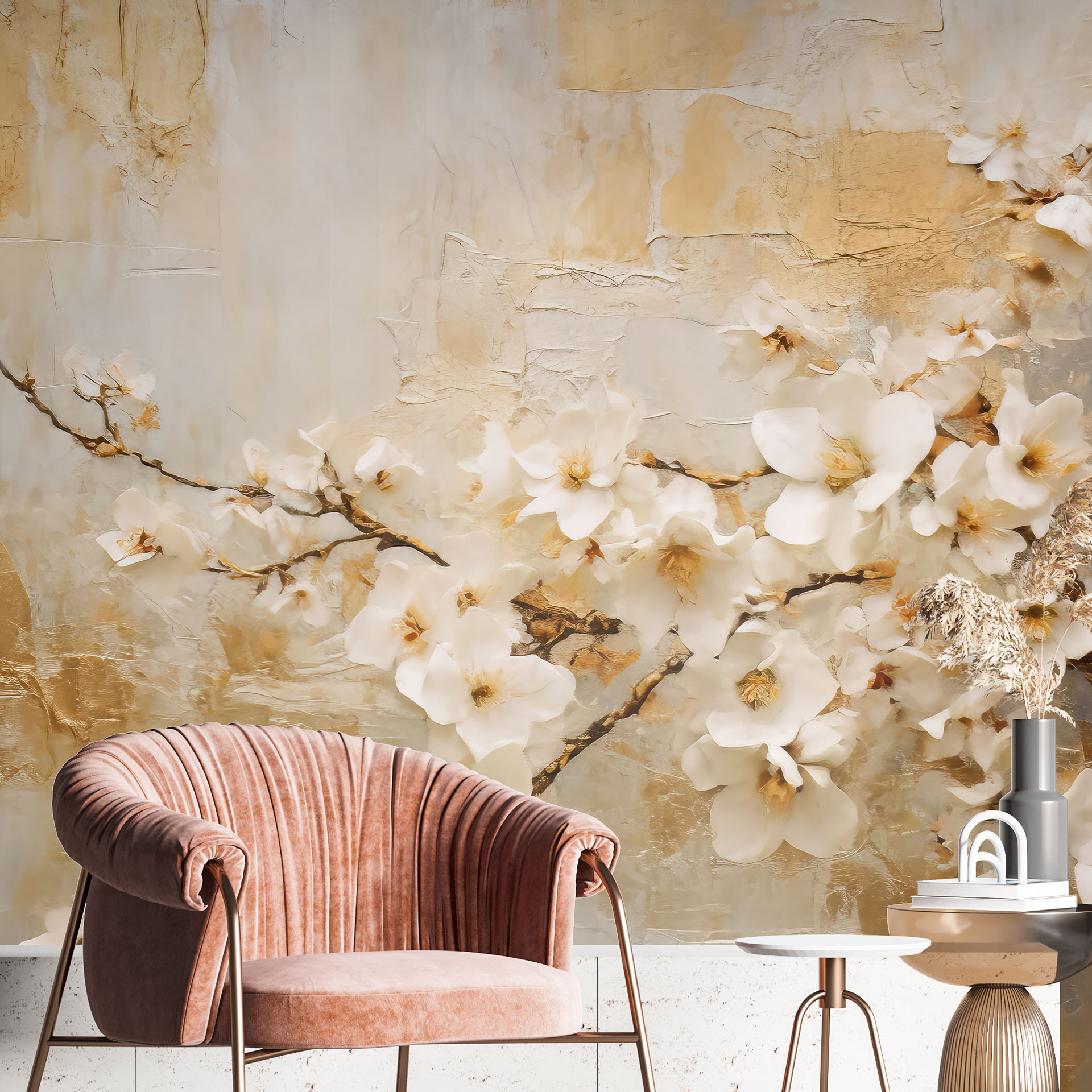 Fotobehang Tak bloemen op vintage goud - Paksoylu
