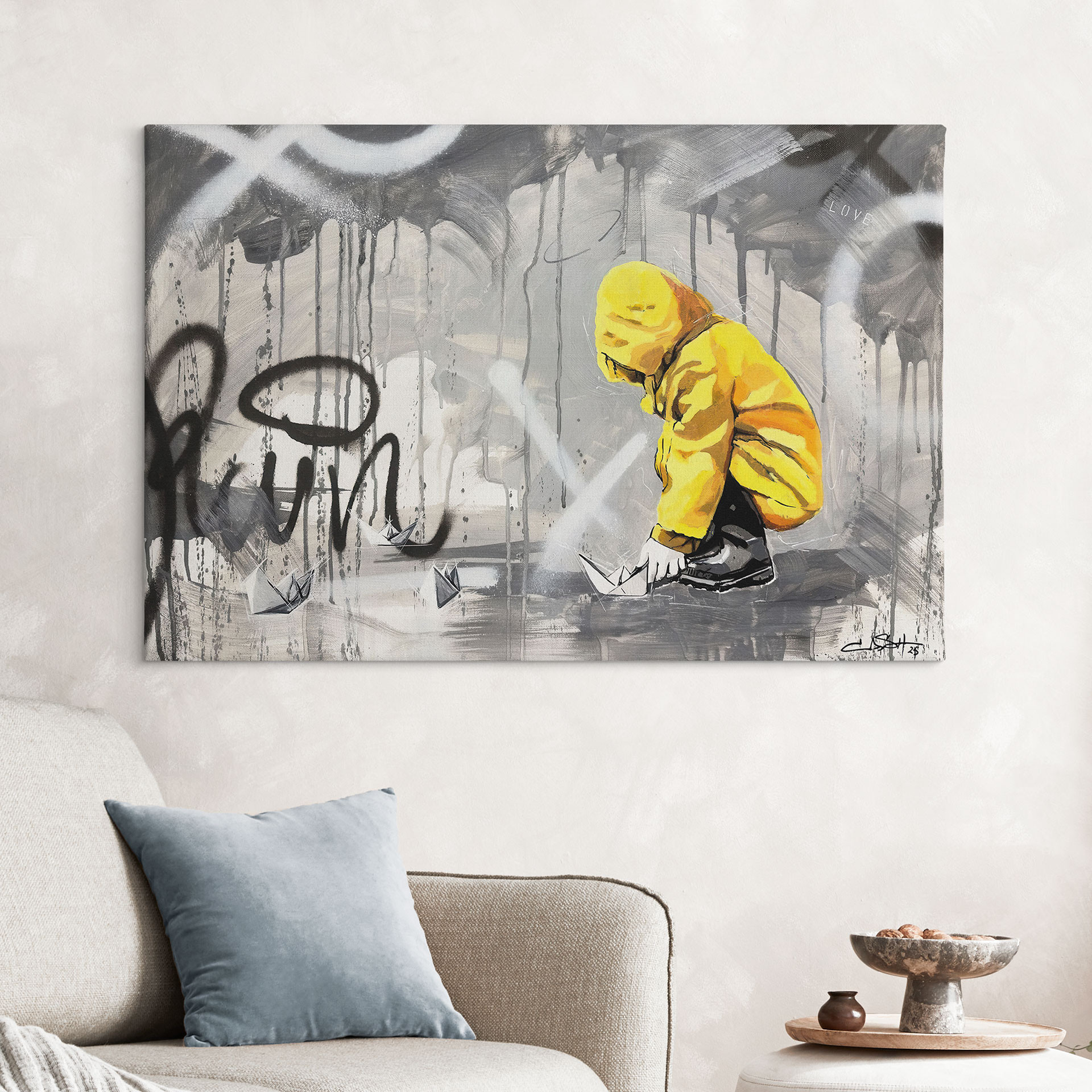 Leinwandbild Kind mit Papierschiff Streetart - Habib
