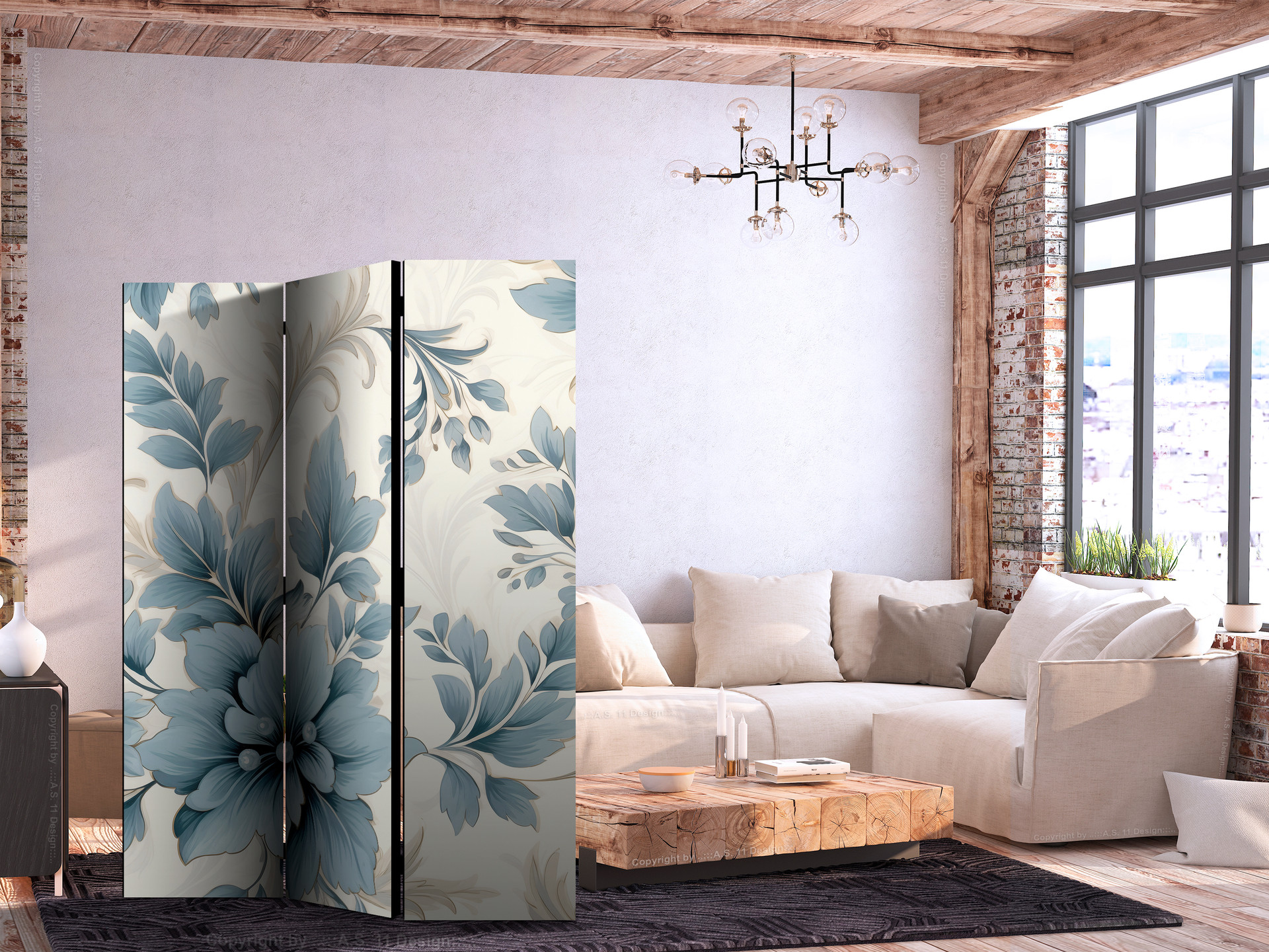 Paravent, Raumteiler freistehend, Trennwand - Turquoise Flowers in Retro Vibe; Floral Ornaments