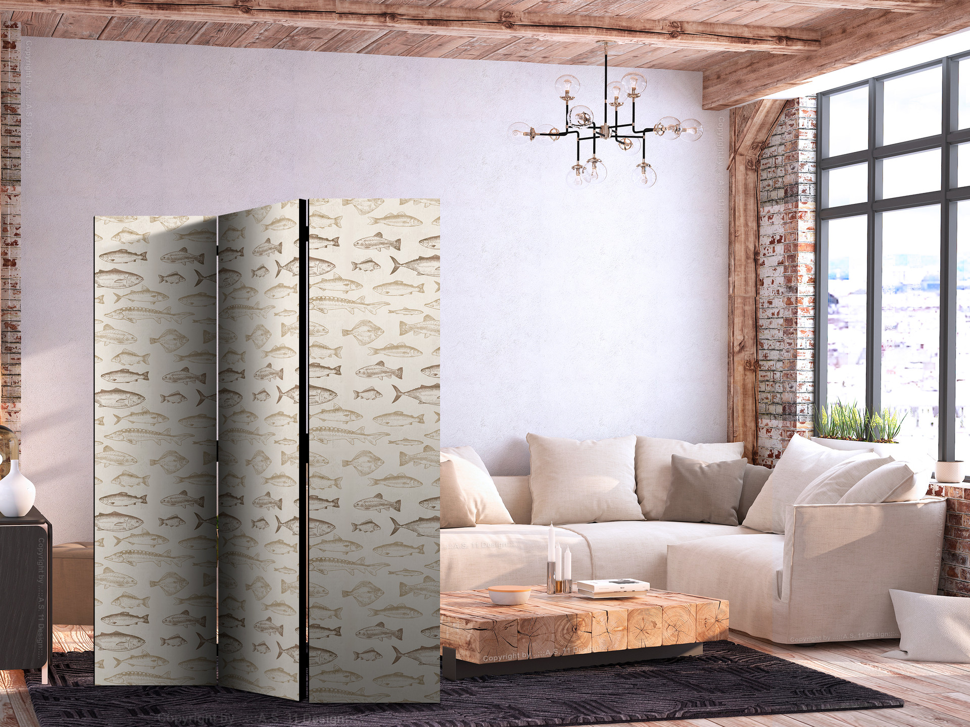 Paravent, Raumteiler freistehend, Trennwand - Fish in Beige Tones Presented in Vintage Style