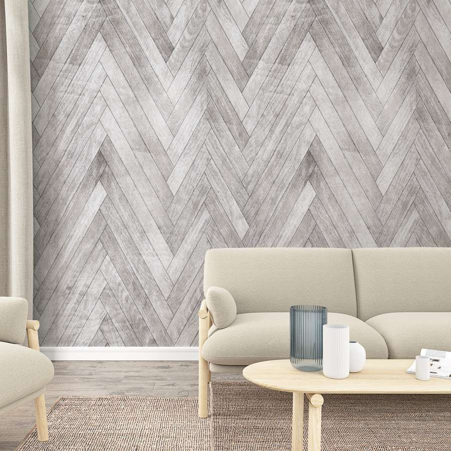 Grijs visgraatmotief behang met houteffect 2,70 x 1,59 m