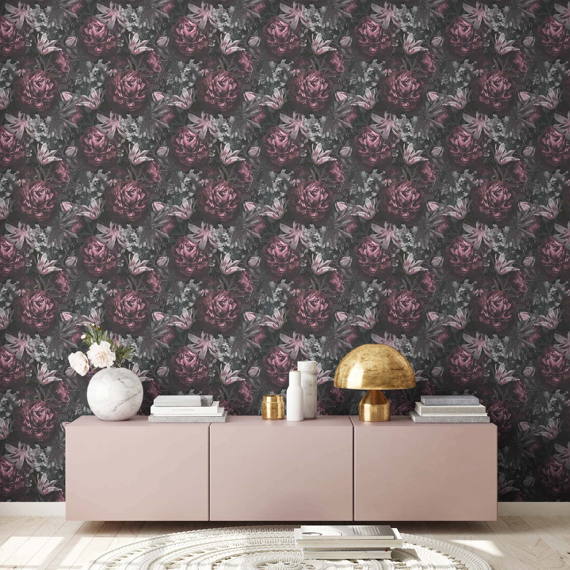 A.S. Création Bloemenbehang PintWalls Vliesbehang Roze Grijs Zwart