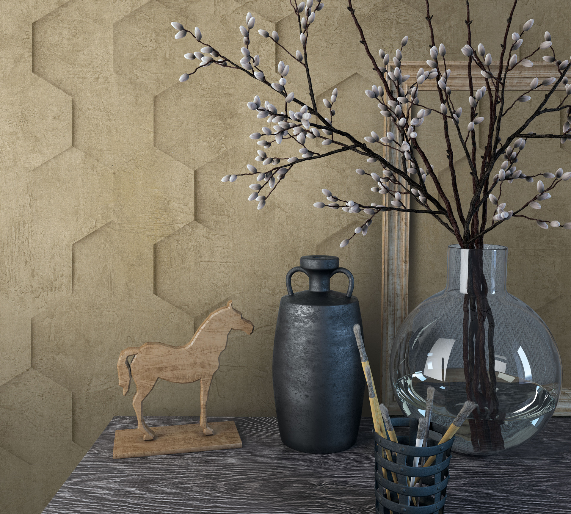 Vliesbehang met 3D honingraat patroon bruin grafisch