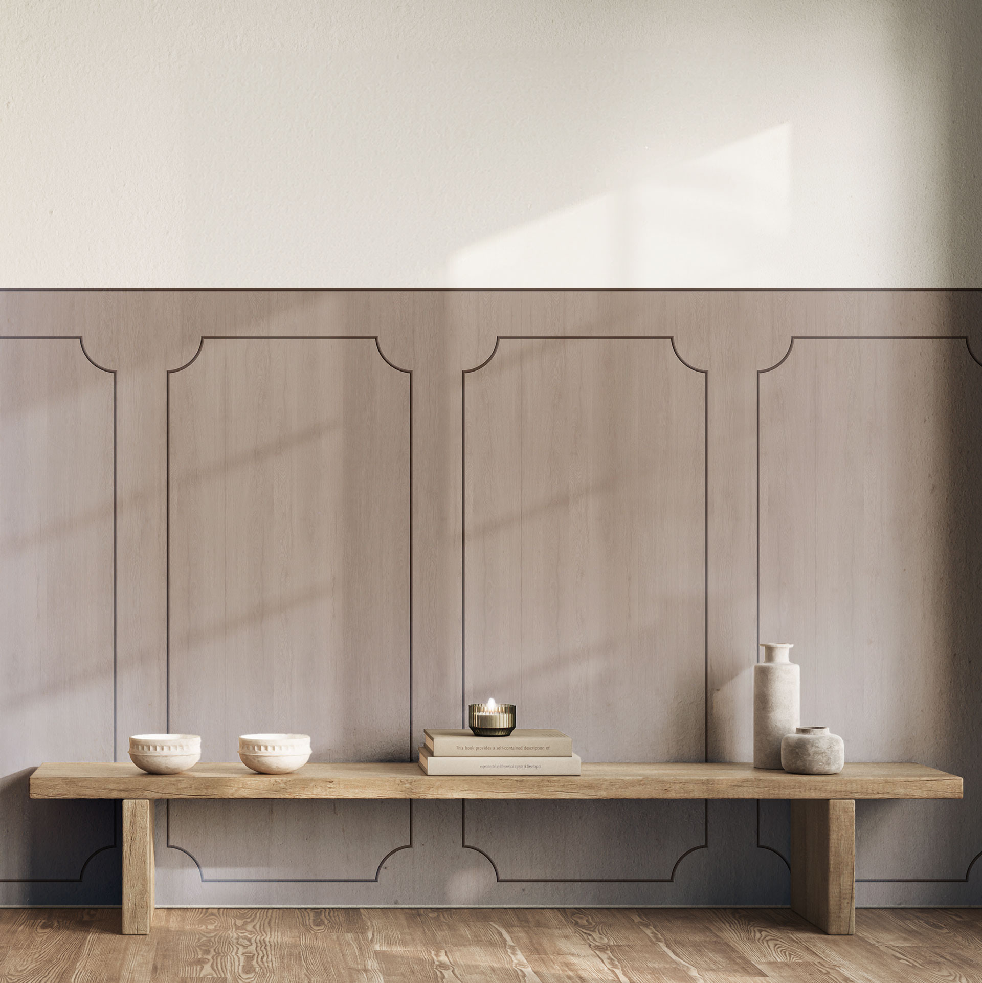 Wandpanelen Wandbekleding taupe met houtnerf met sierbiesoptiek