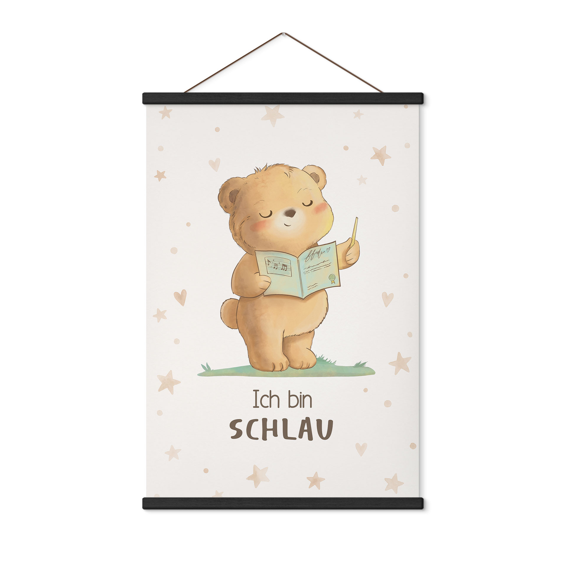 Stoffbild mit Bär und Buch - Selbstliebe-Spruch 'Ich bin schlau'