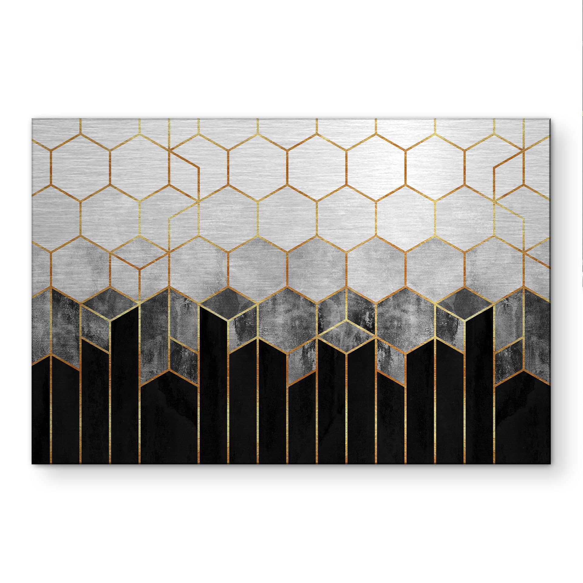 Alu-Dibond brossé avec Effet Doré, Argenté & Cuivré - Hexagones : noir et gris - Fredriksson