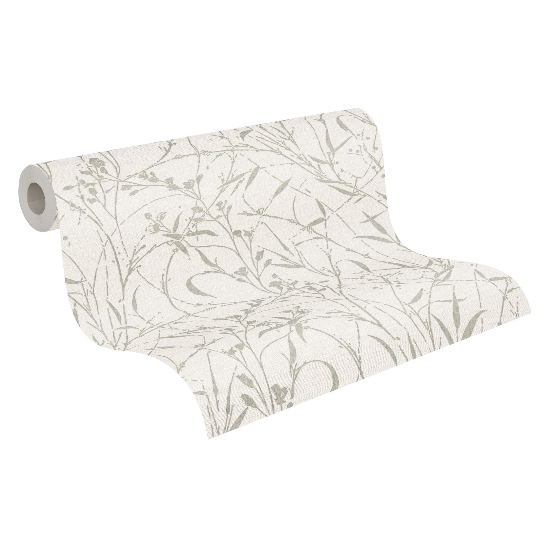 Ikke-vævet tapet Fee Wild Free creme grøn grå metallic - græsser vilde blomster stue gang køkken
