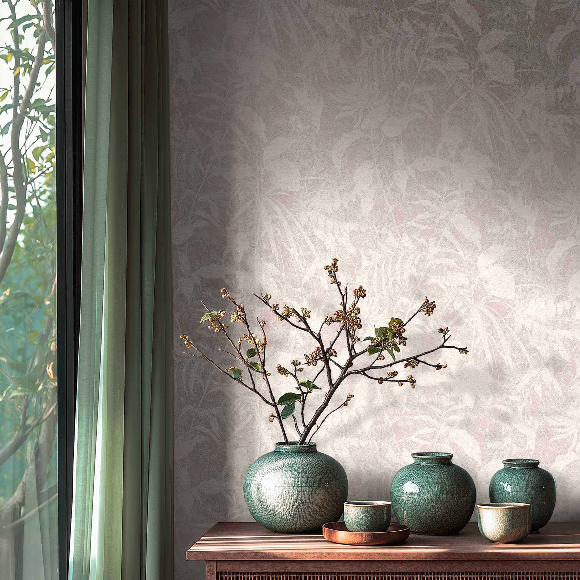 Wit rozenplantenbehang - natuurmotief, fijn gestructureerd - Vliesbehang modern