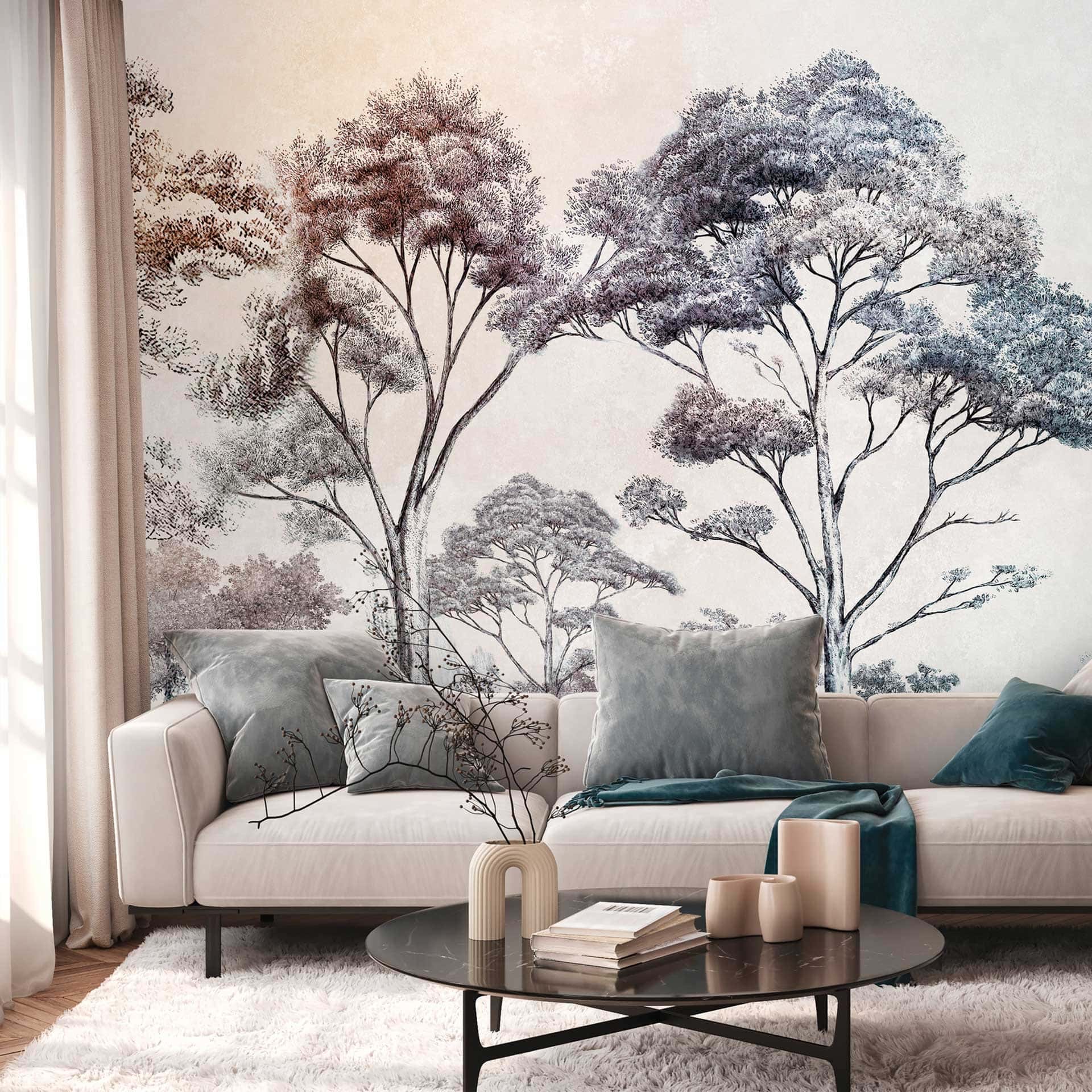 Kleurrijk bos behang - vliesbehang met boom illustratie voor woonkamer & slaapkamer