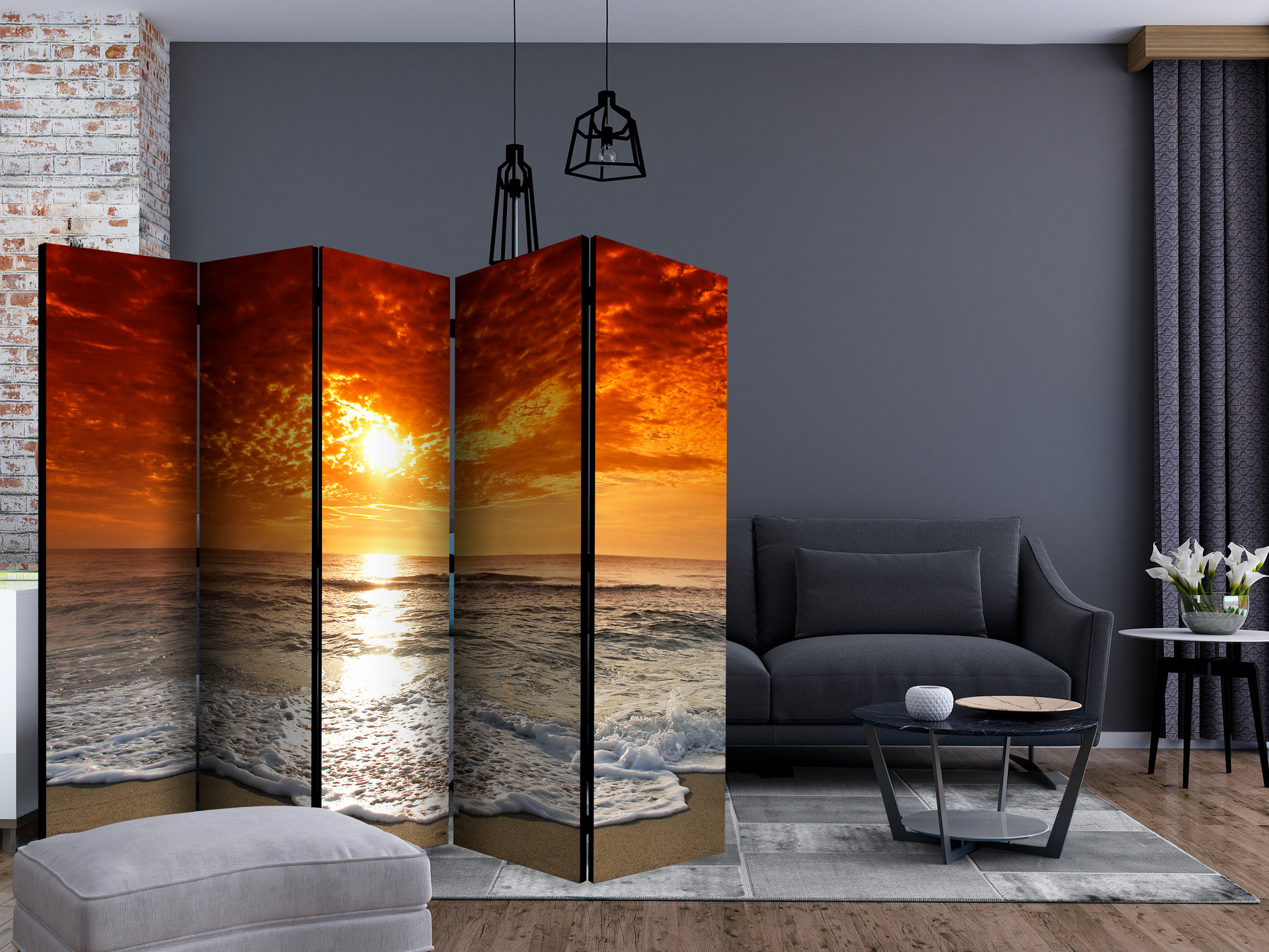 Paravent, Raumteiler freistehend, Trennwand - Marvelous sunset II, 5-teilig - einseitig bedruckt - 2