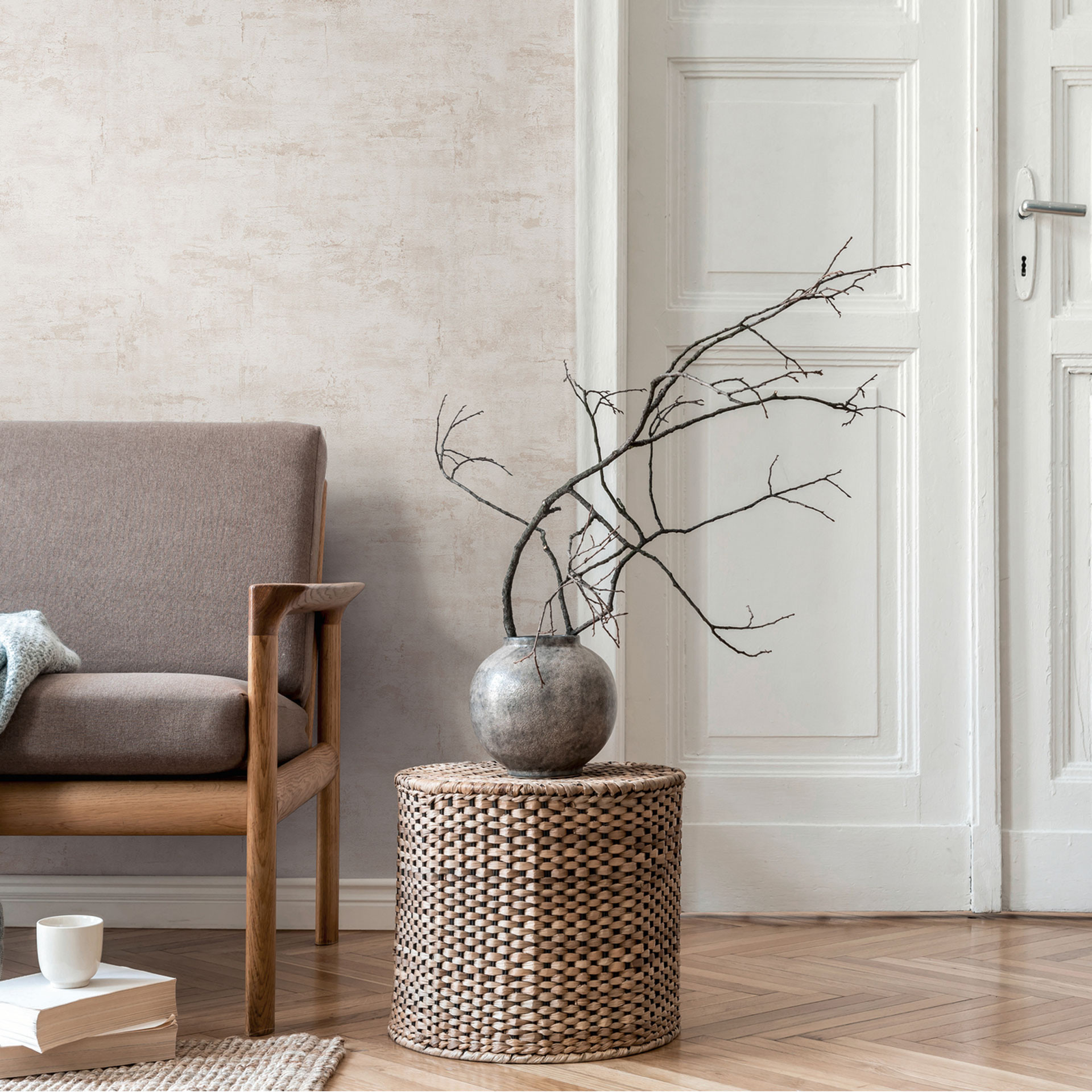 Structuurbehang in gipslook wit-beige - Vliesbehang modern enkelkleurig