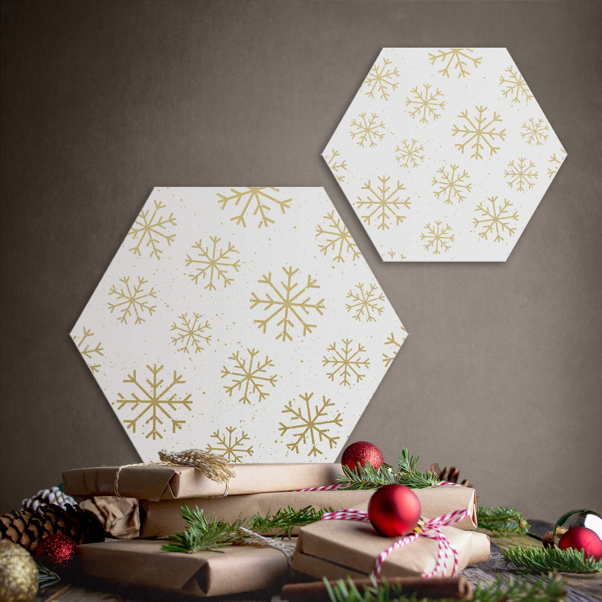 Hexagon - Alu-Dibond guld og snefnug