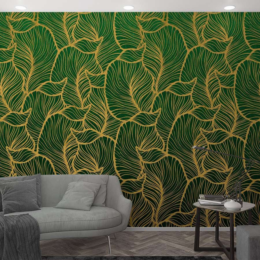 Fotobehang met abstract bladmotief groen, geel, gebloemd 2.70 x 1.59 m