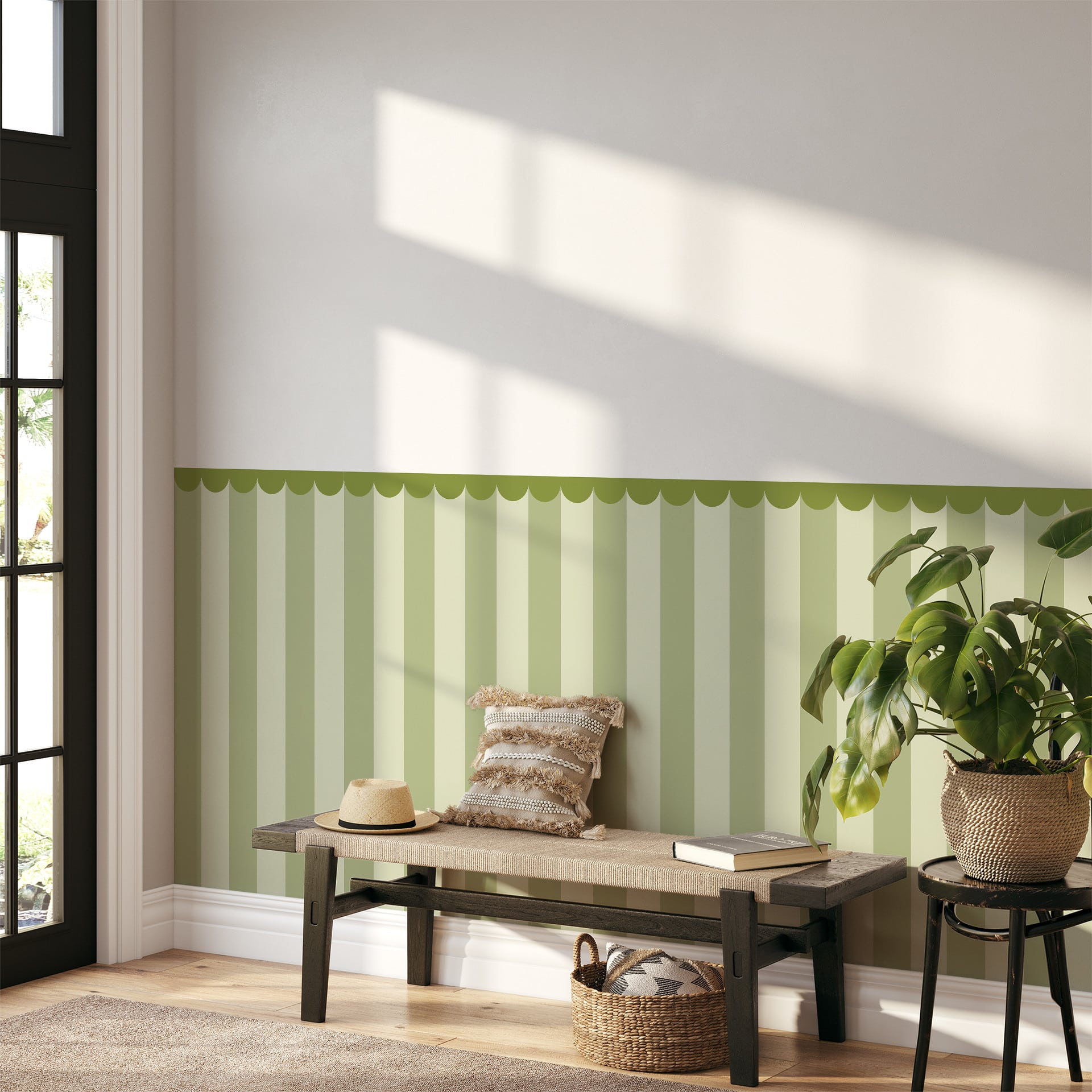 Wandpanelen Wandbekleding zelfklevend groen gestreept met rand