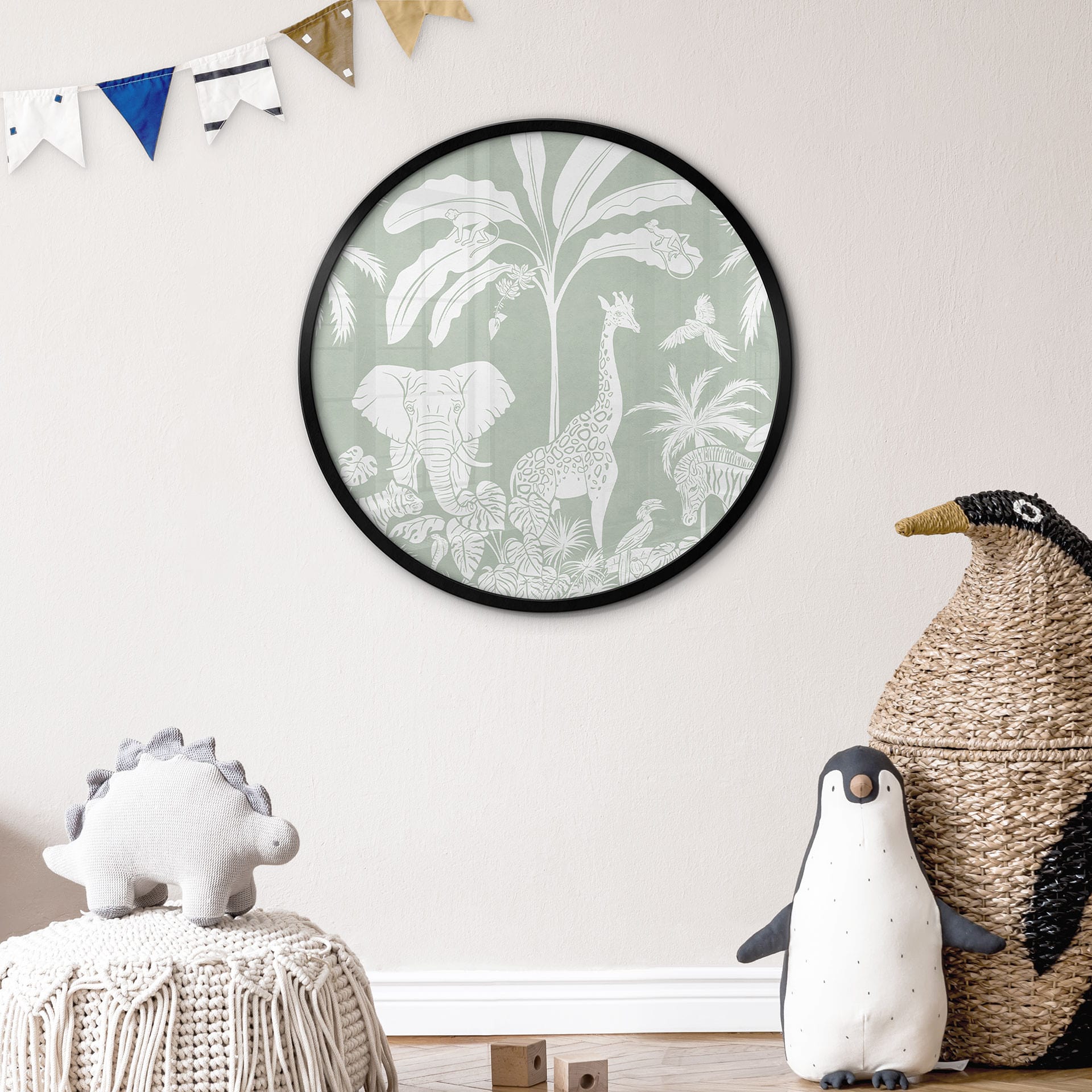 Poster Animaux de la jungle en vert tropical - Kikki Belle - Rond