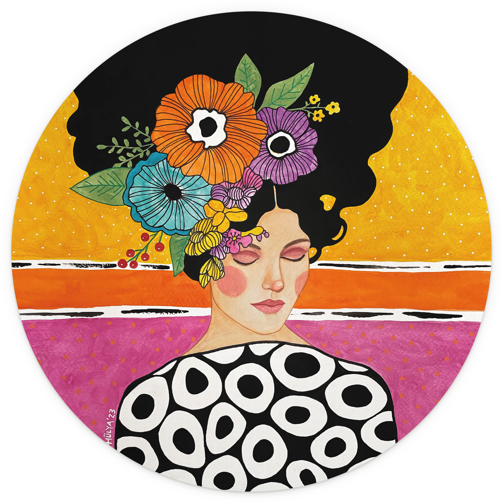 Fotobehang Vrouw met kleurrijke bloemenkroon - Hülya - Rond - Zelfklevend/niet-geweven