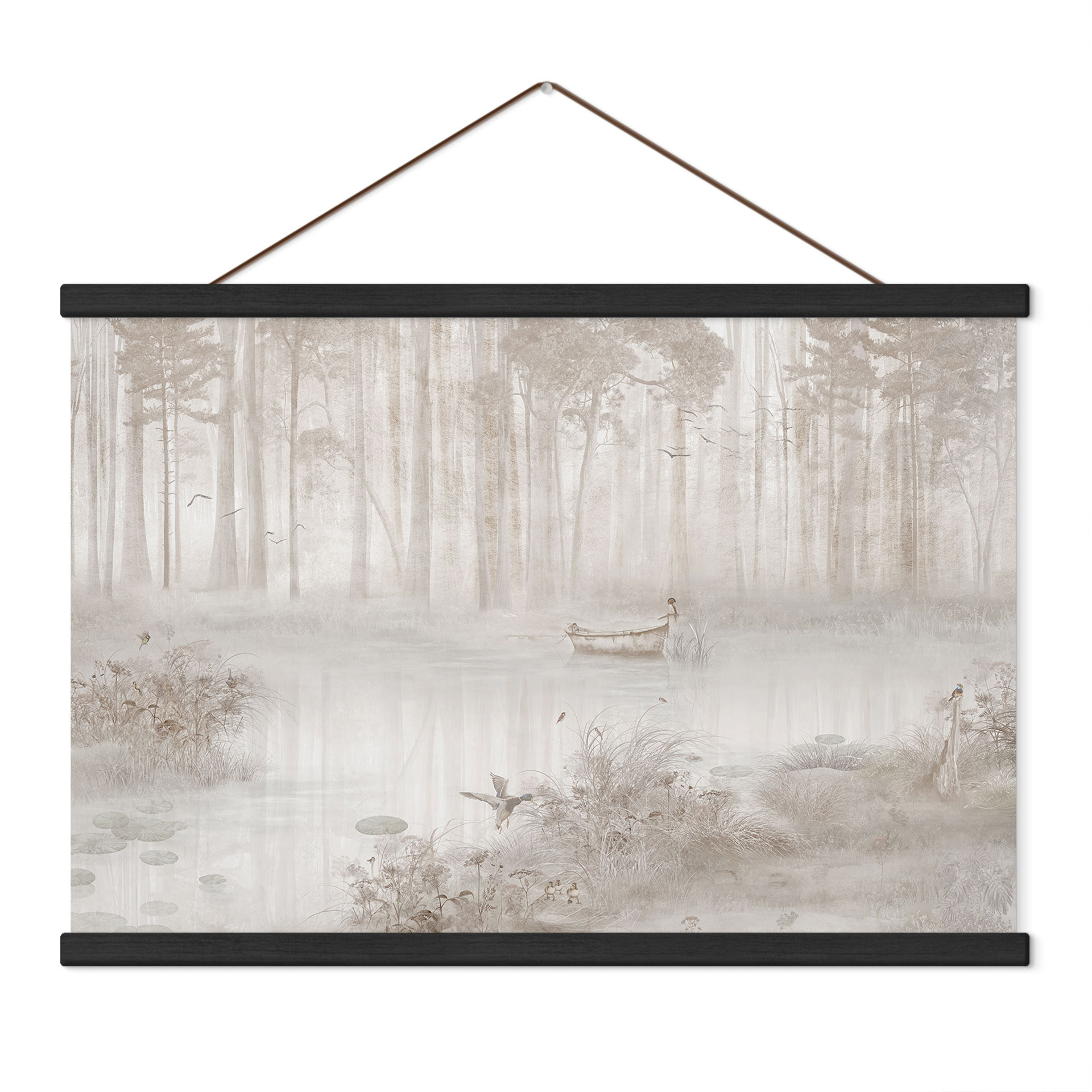 Textielposter Bos aan het meer in de mist in beige - Ms Tiff