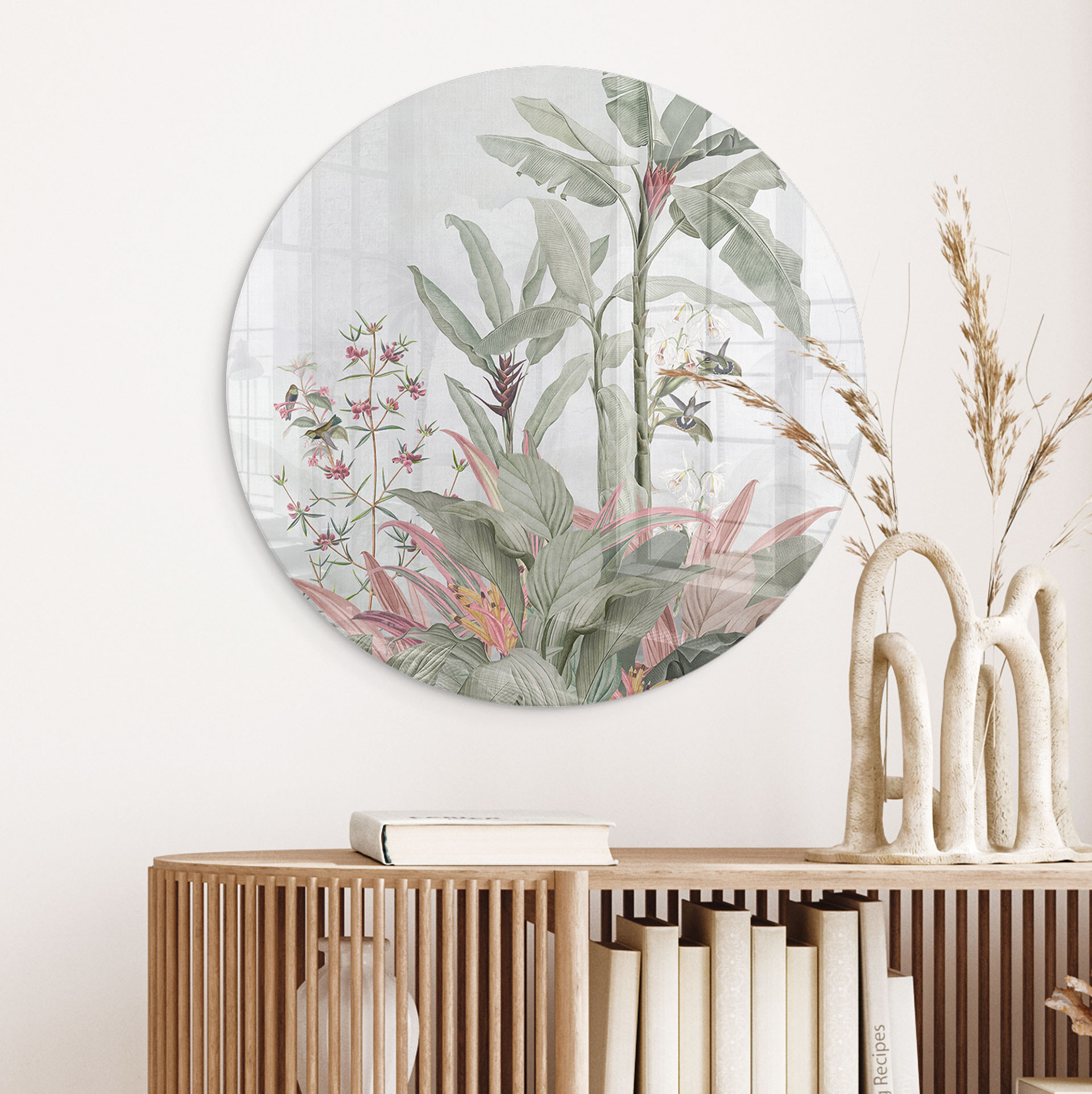 Glasbillede - Tropisk idyl med kolibri blå - blomsterdekoration - rund
