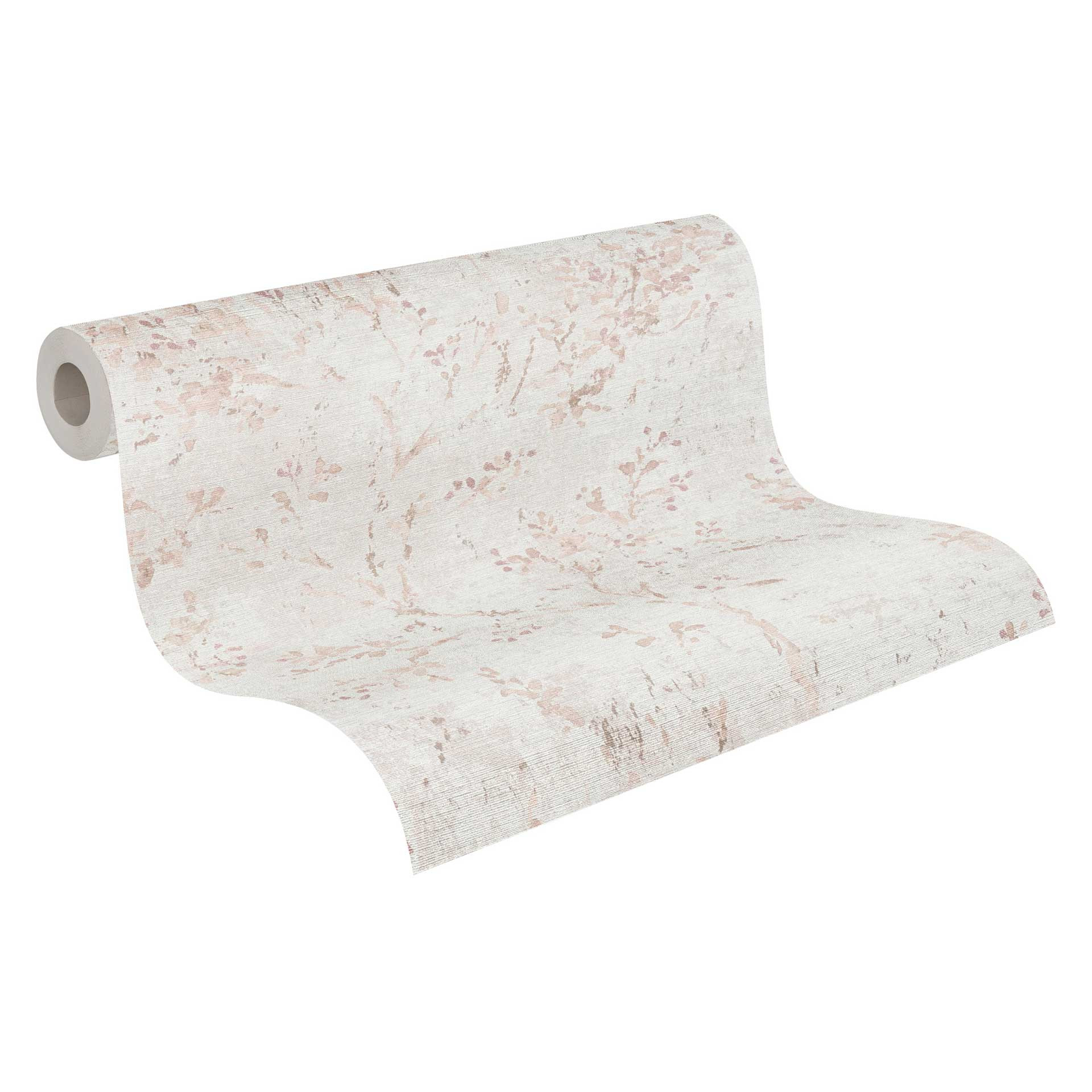 Bloemenpatroon behang in linnenlook beige - delicaat bloemenvliesbehang wit