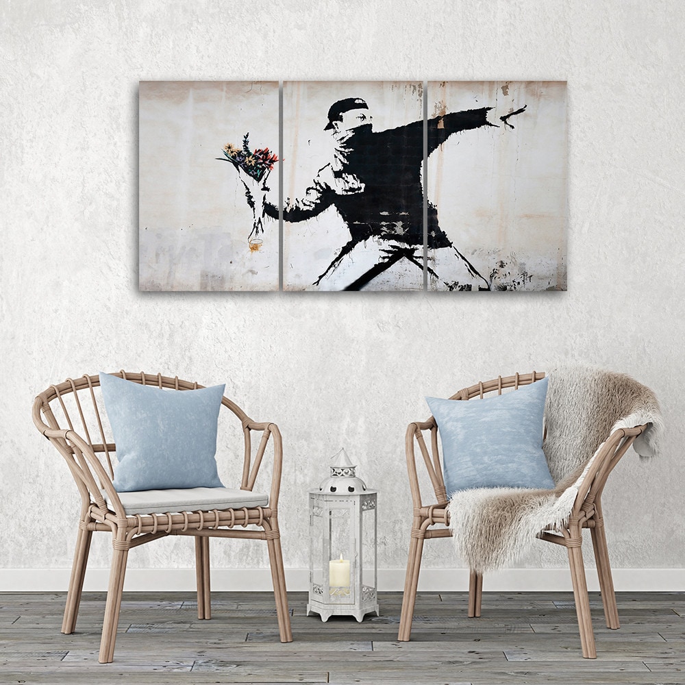 3 stykke lærredstryk, Banksy Graffiti kunstblomster