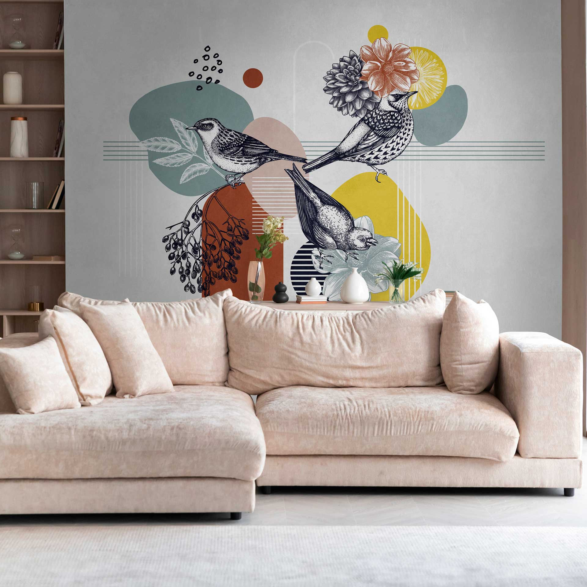 Kleurrijke vogels grafisch behang - vliesbehang met natuur en bloemen motief voor woonkamer