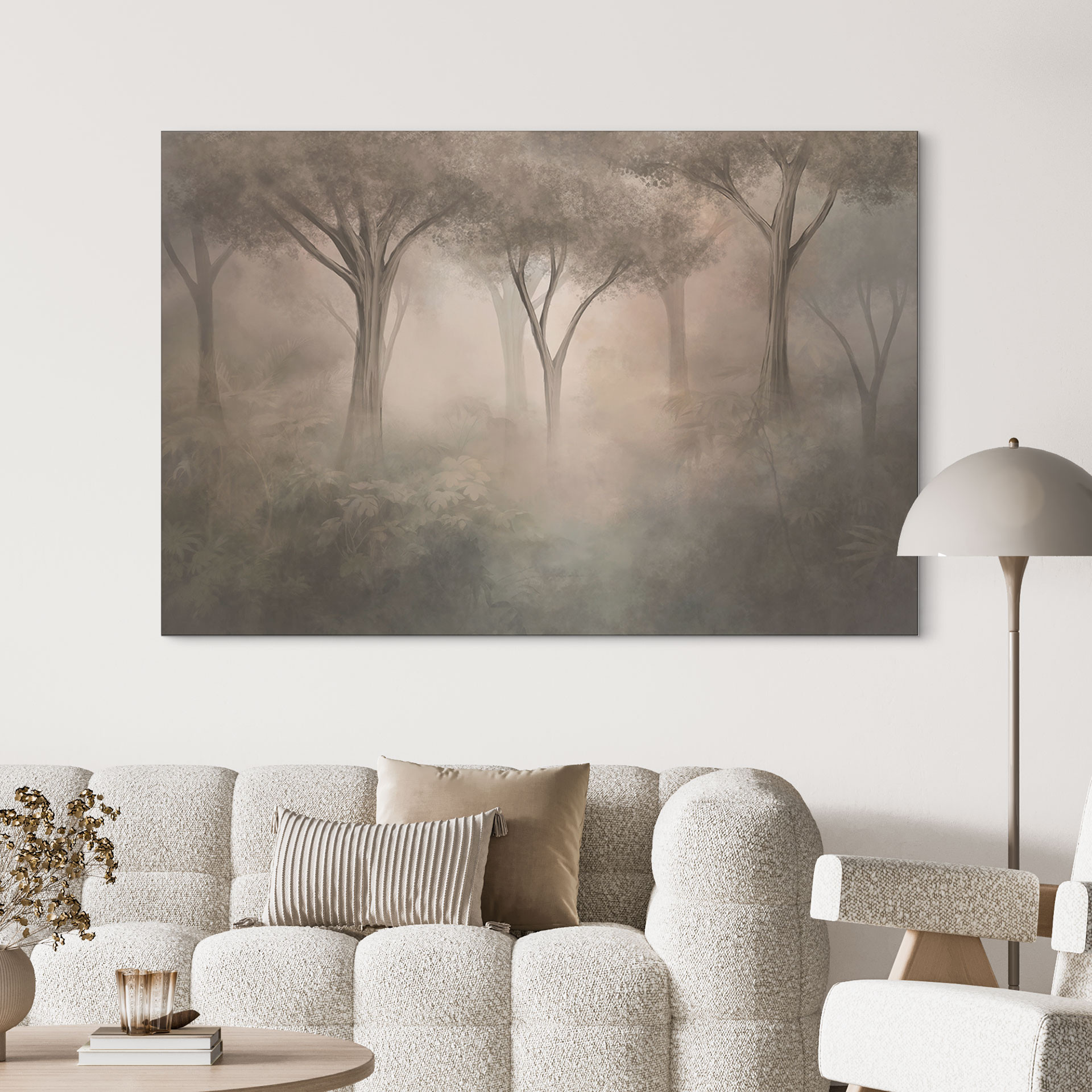 Wanddecoratie Bosmagie in de ochtendnevel Beige - Ms Tiff - Alu-Dibond