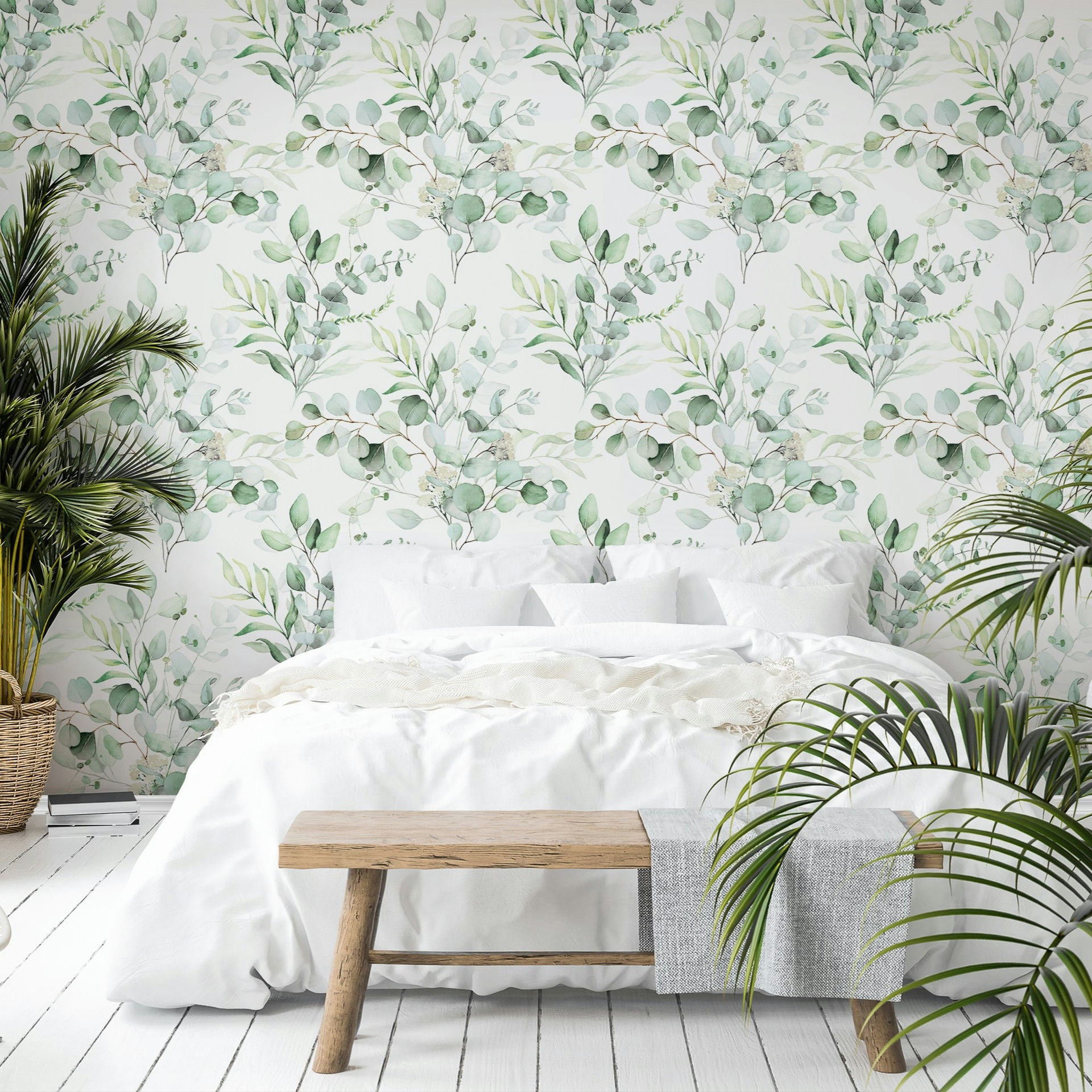 Vliesbehang bladeren, takken bloem natuur mat in wit groen