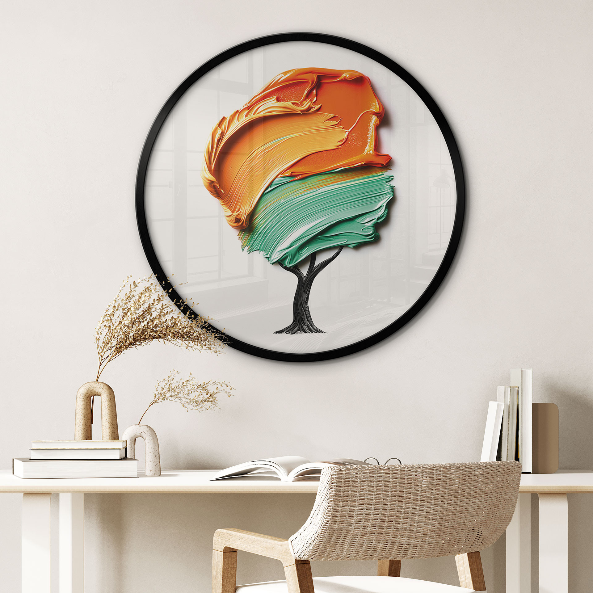 Poster Arbre avec couronne orange et verte 3D - Mielu - Rond