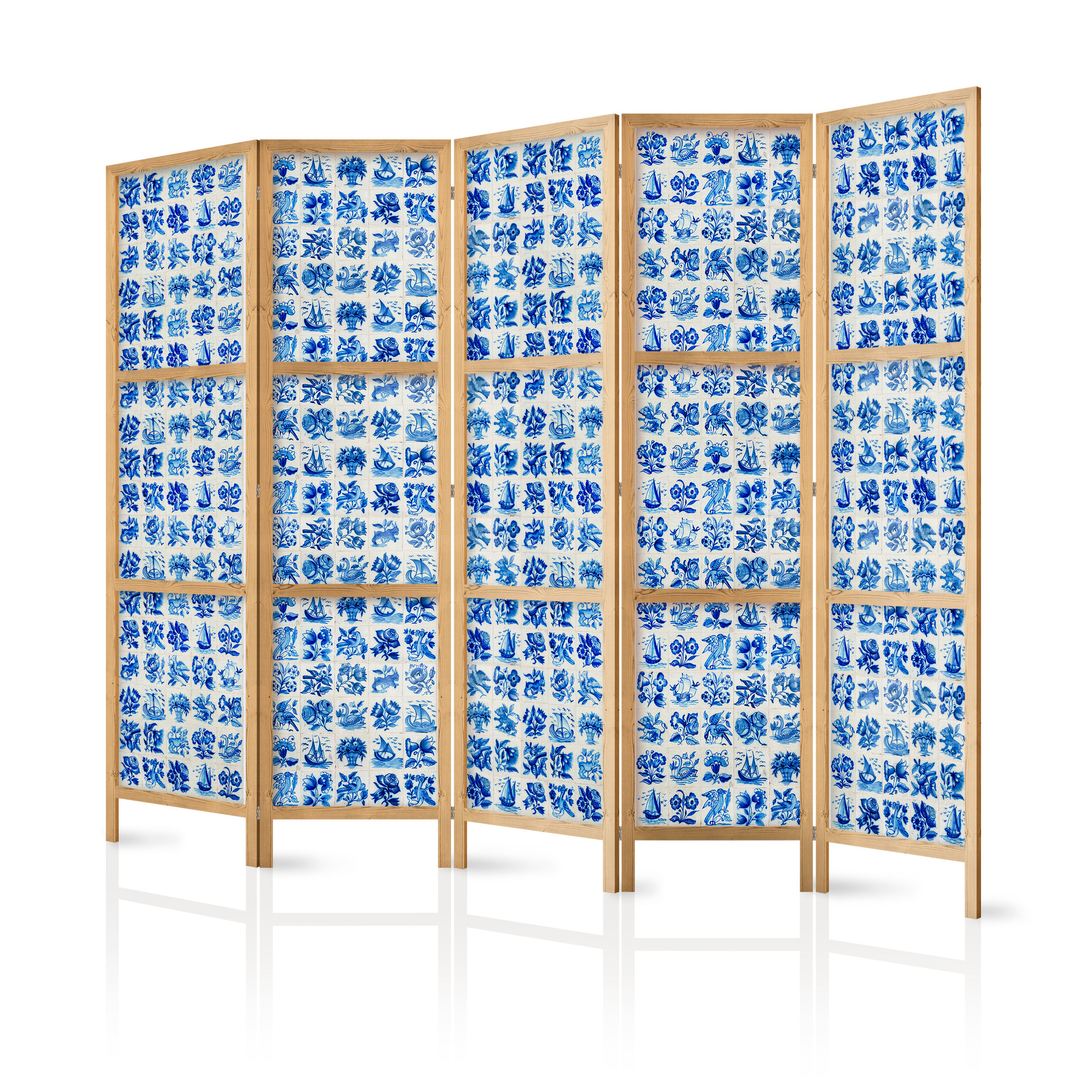Japanischer Paravent, Raumteiler freistehend, Trennwand - Ceramic Tiles: Traditional Portuguese Blue