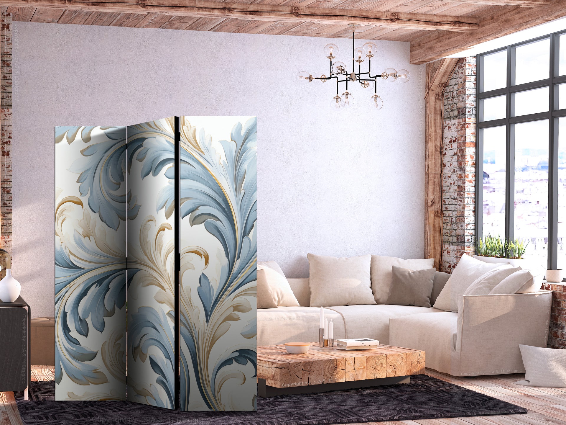 Paravent, Raumteiler freistehend, Trennwand - Baroque Ornaments in Light Creamy Blue Colors