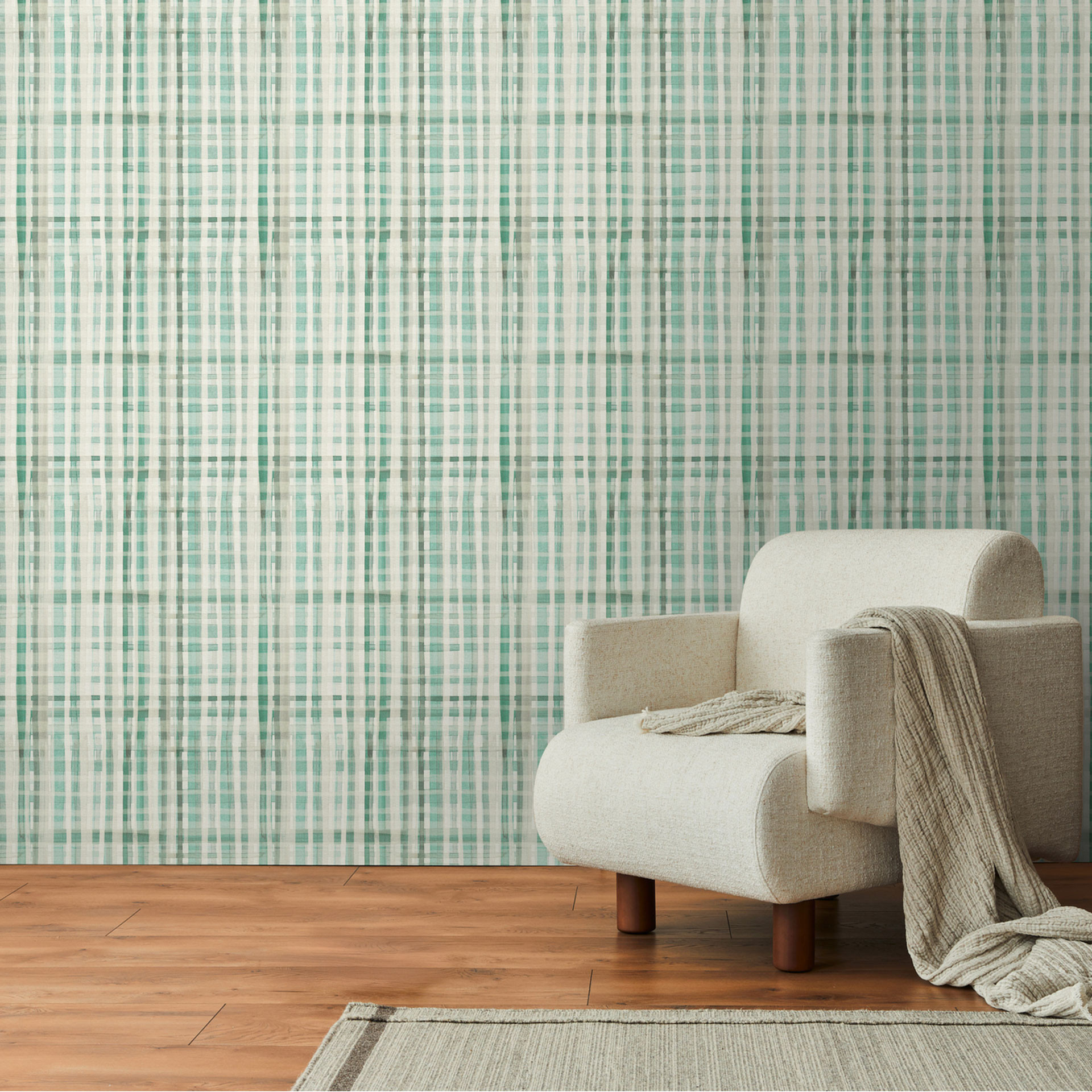 Geruit behang turquoise wit - modern ruitpatroon - Vliesbehang met ruitjes
