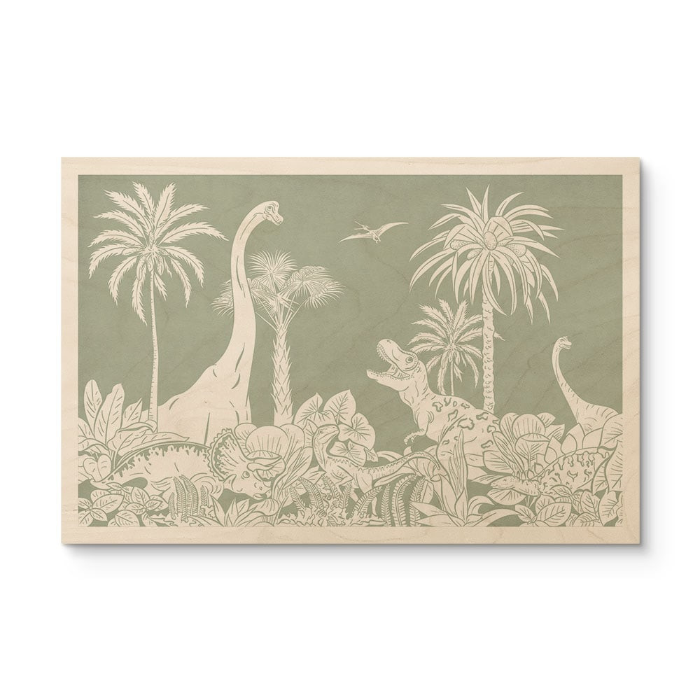 Plakat drewniany Zielone światy pierwotne - Dinozaury pod palmami - Kikki Belle