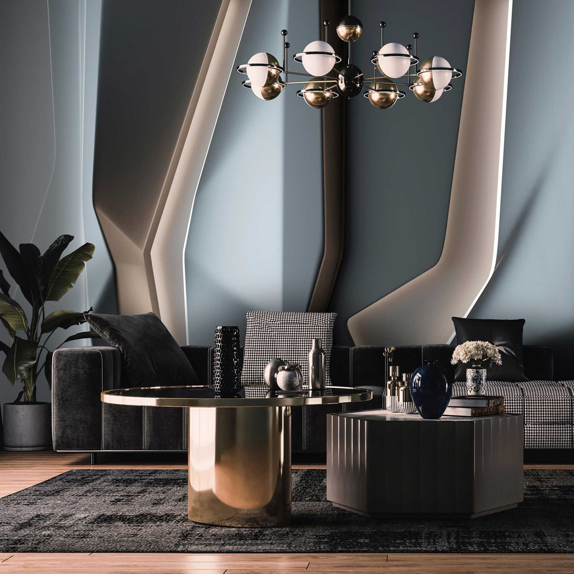 Futuristisch fotobehang in metallic look - antraciet vliesbehang met 3D effect